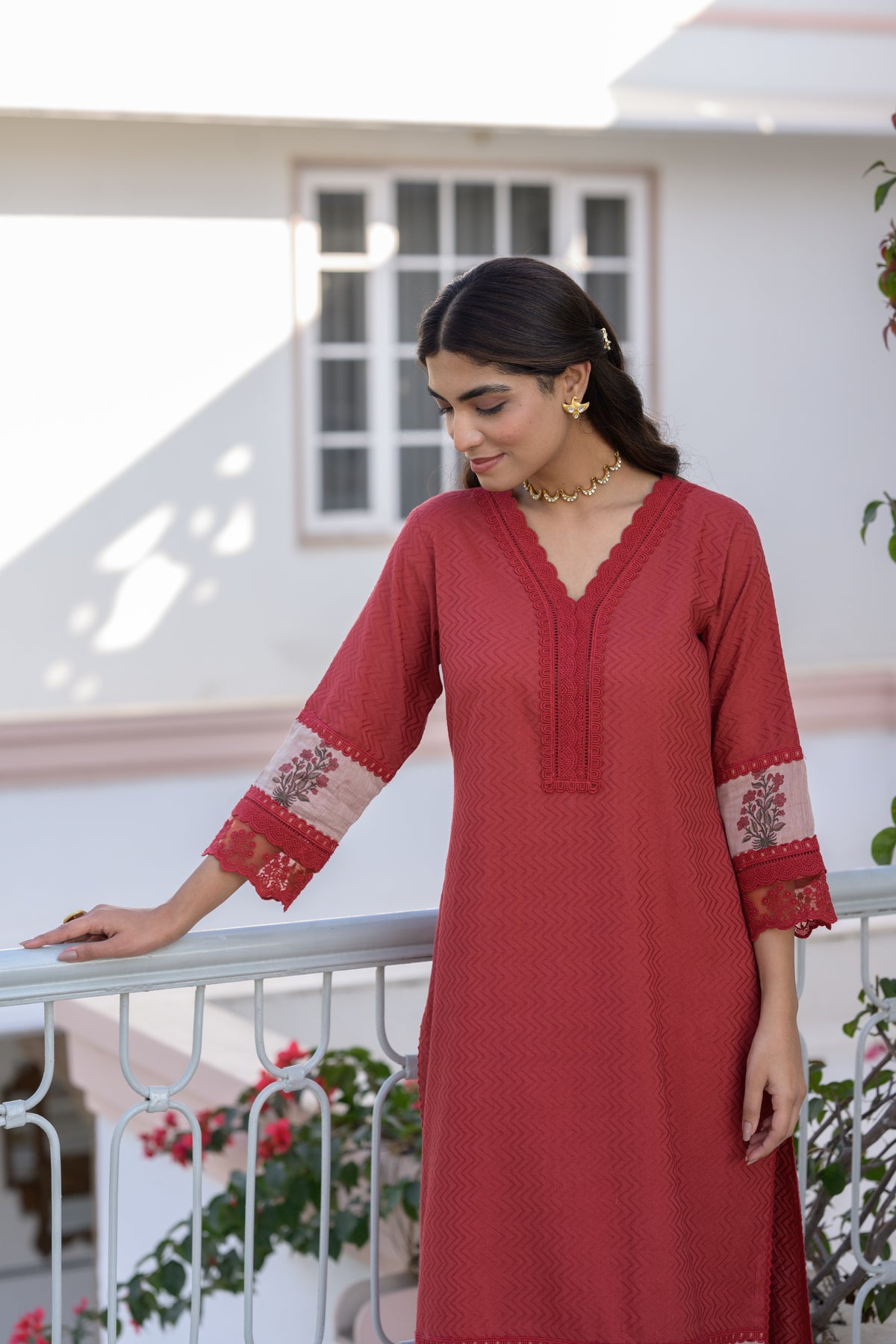 Brick Red Dobby Cotton Block Printed Kurta Set