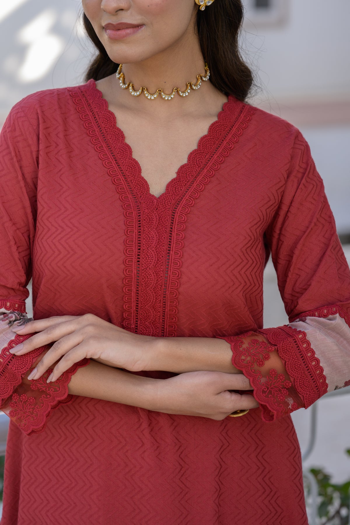 Brick Red Dobby Cotton Block Printed Kurta Set