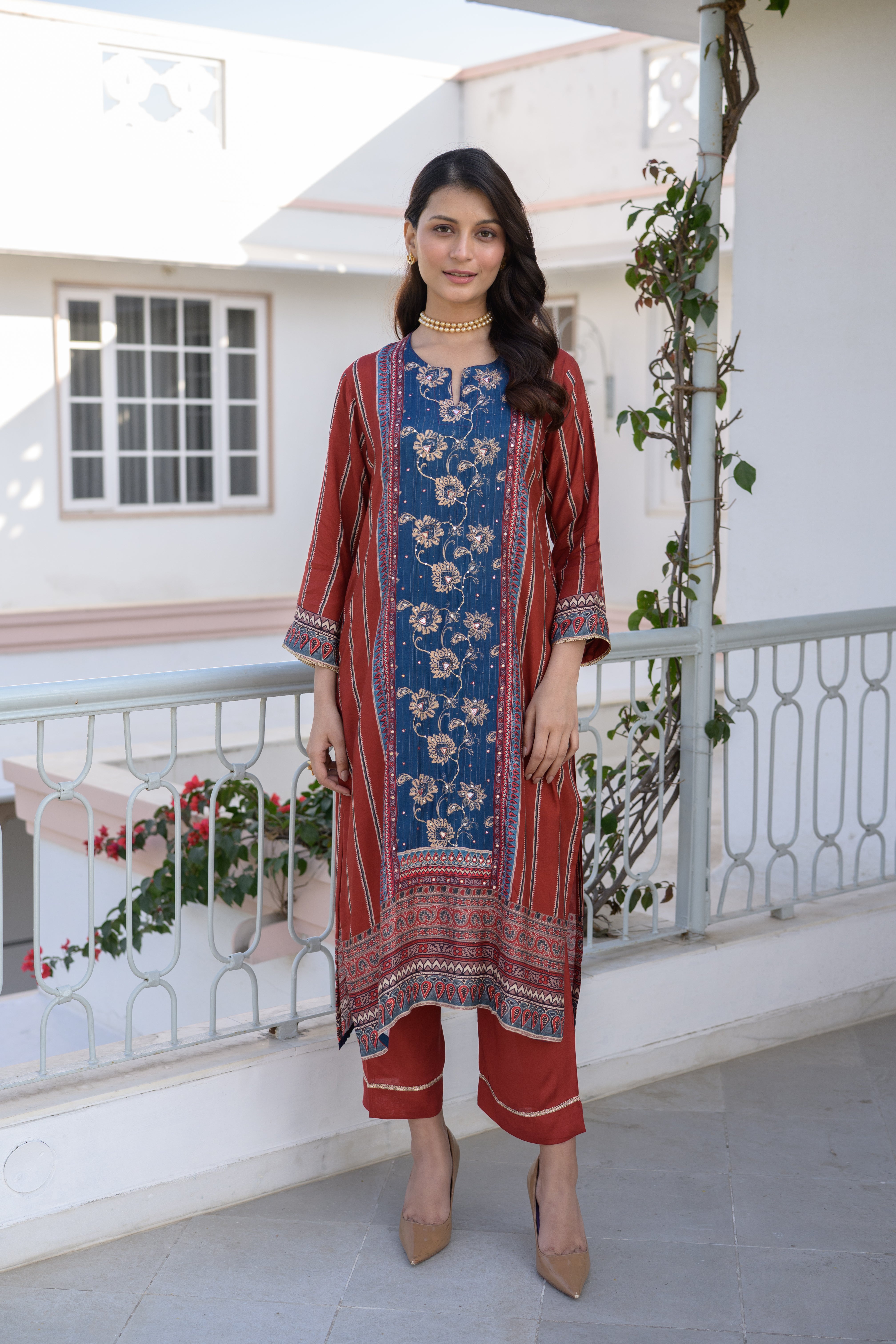 Red and Indigo Gota Work Kurta Set