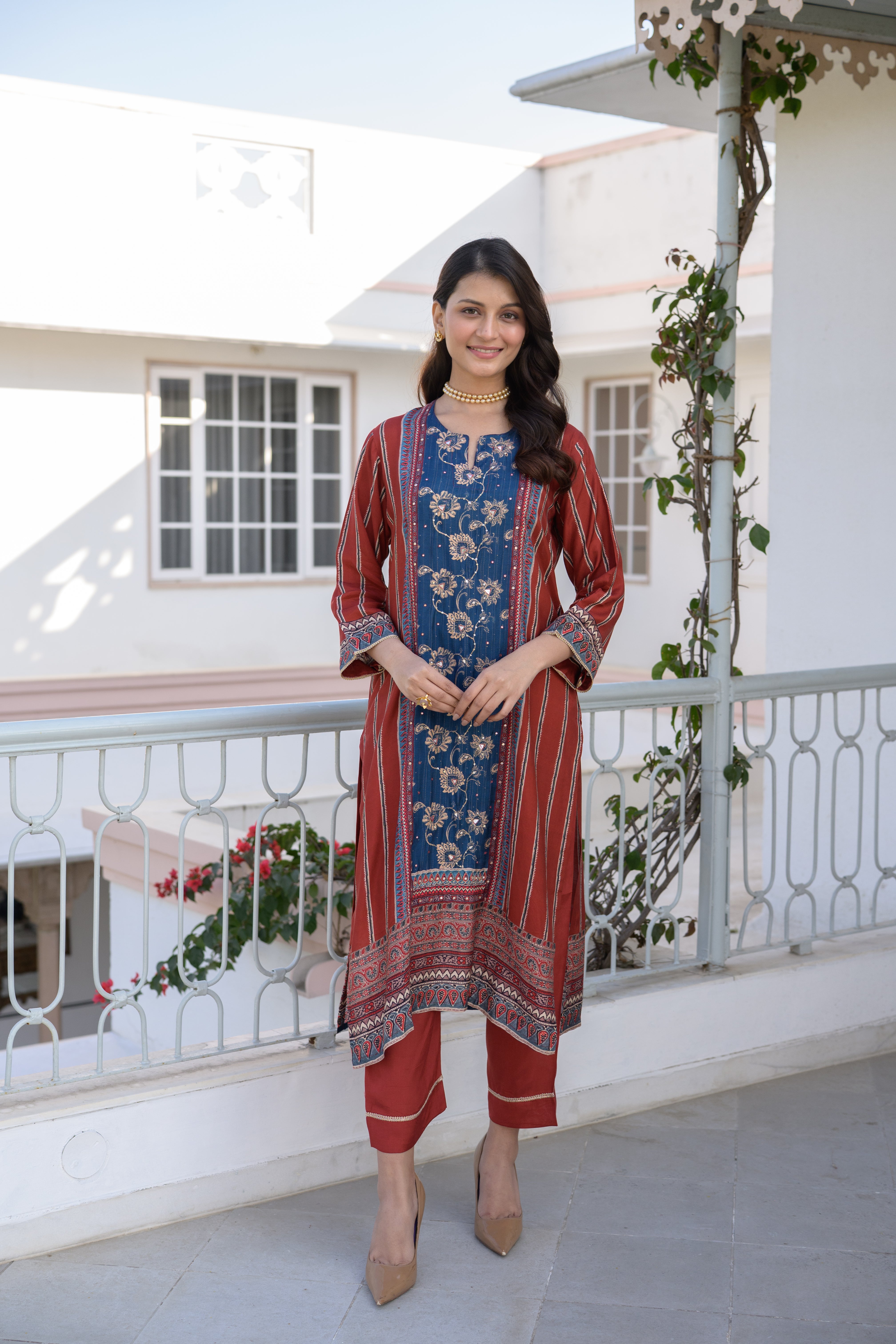 Red and Indigo Gota Work Kurta Set