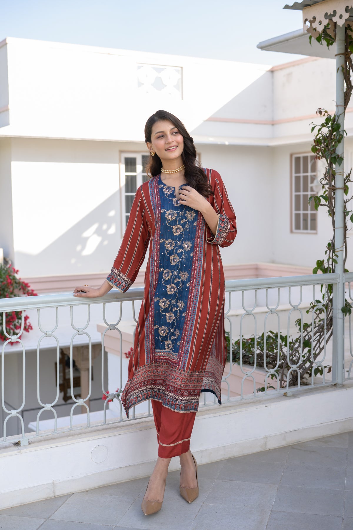 Red and Indigo Gota Work Kurta Set