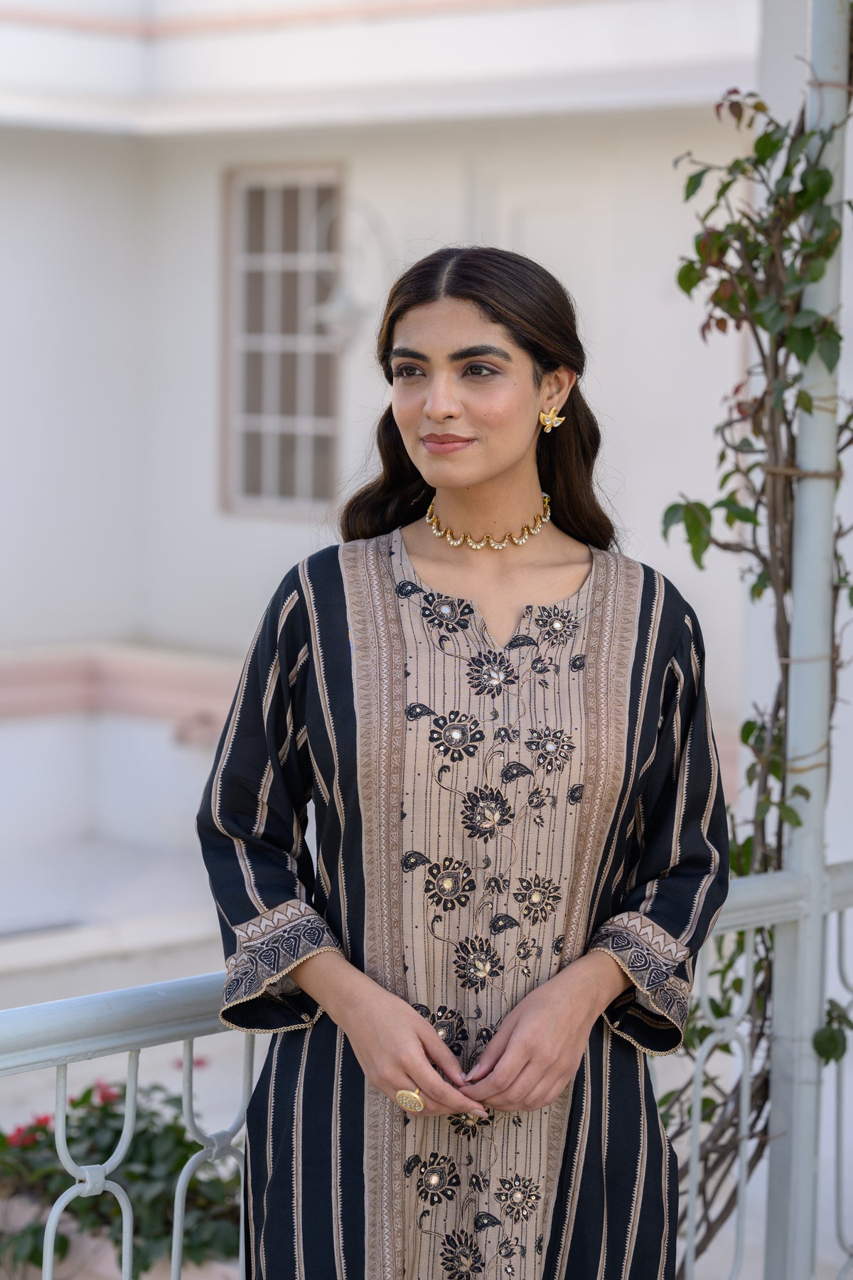 Black and Beige Gota Work Kurta Set