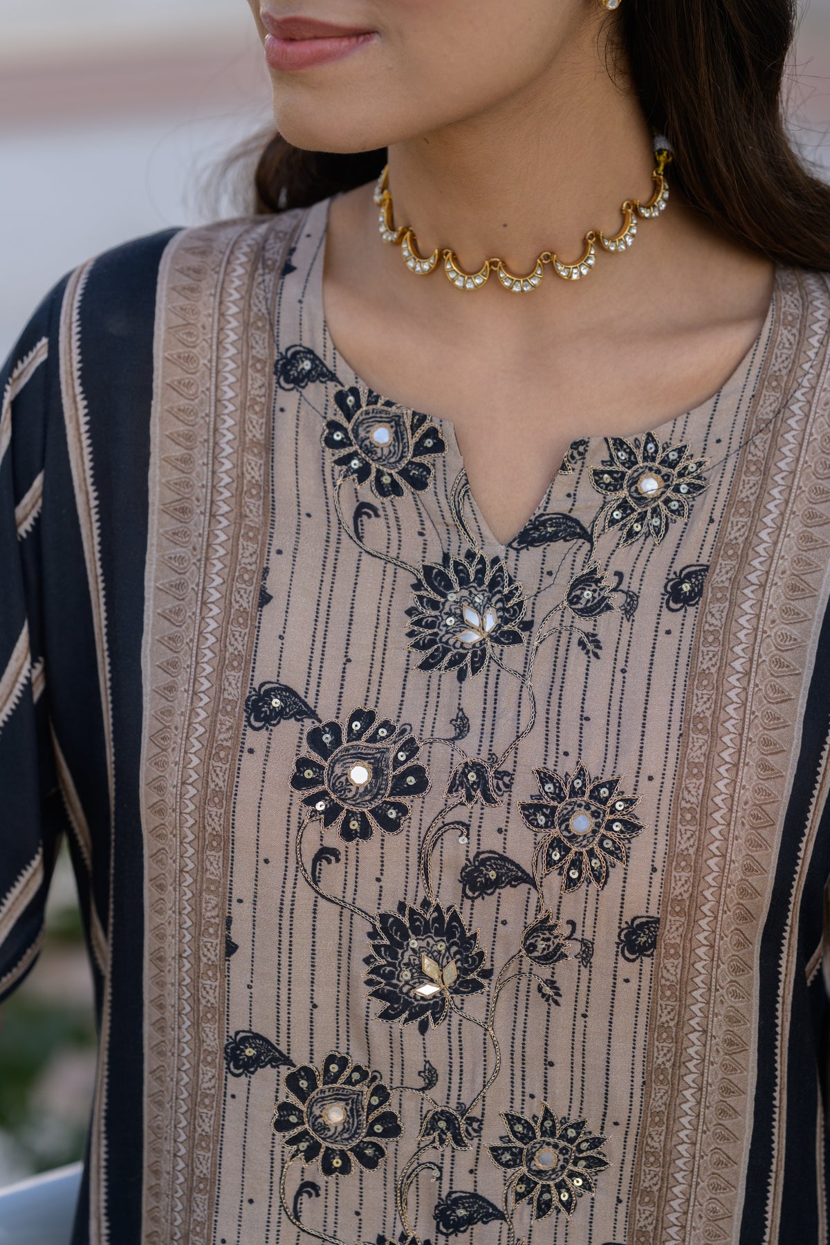 Black and Beige Gota Work Kurta Set