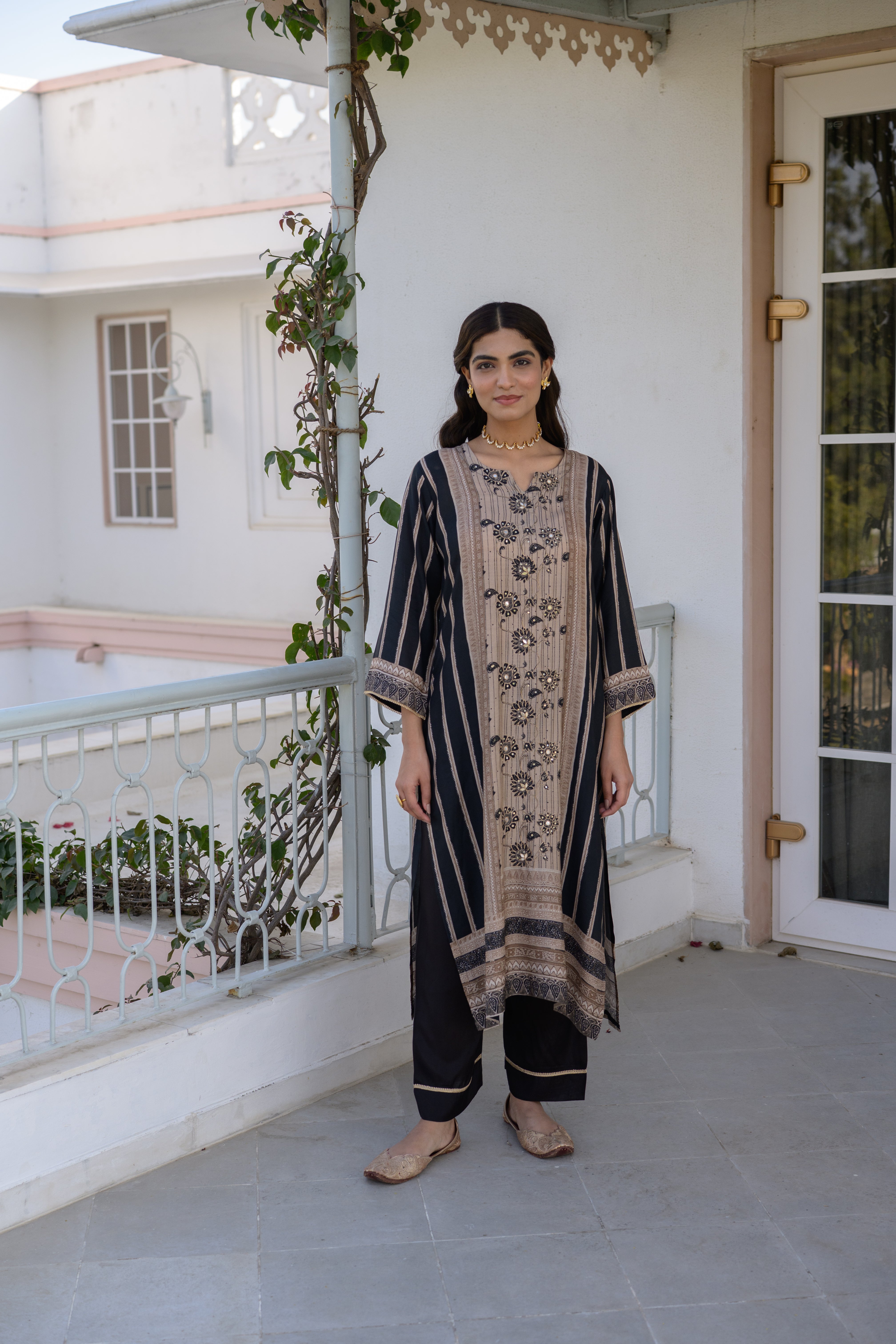Black and Beige Gota Work Kurta Set