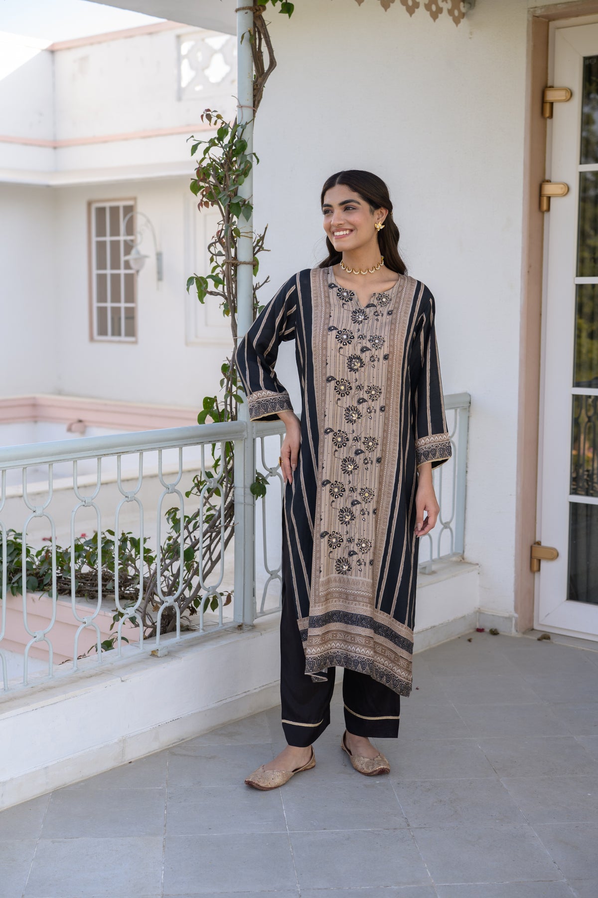 Black and Beige Gota Work Kurta Set