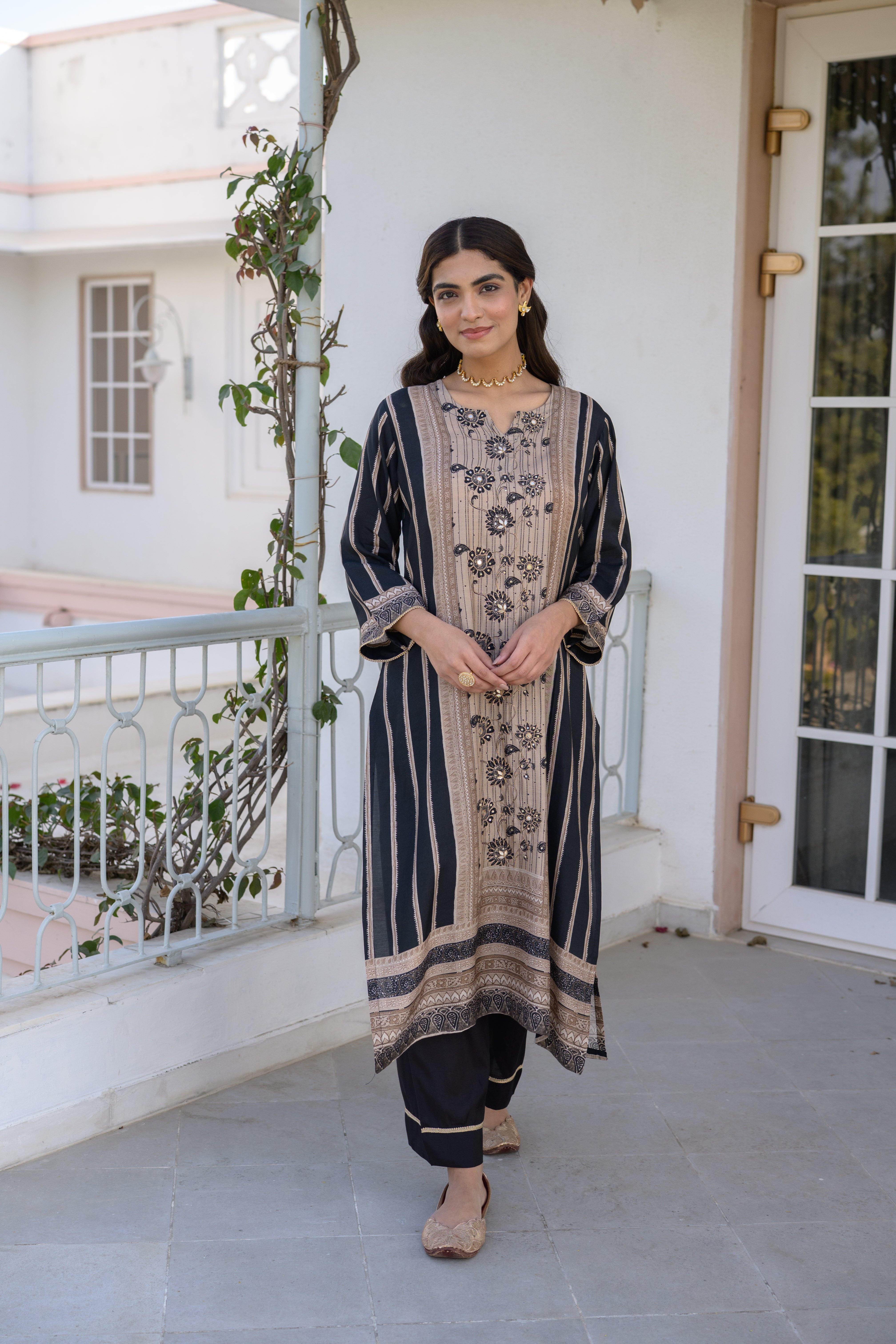 Black and Beige Gota Work Kurta Set