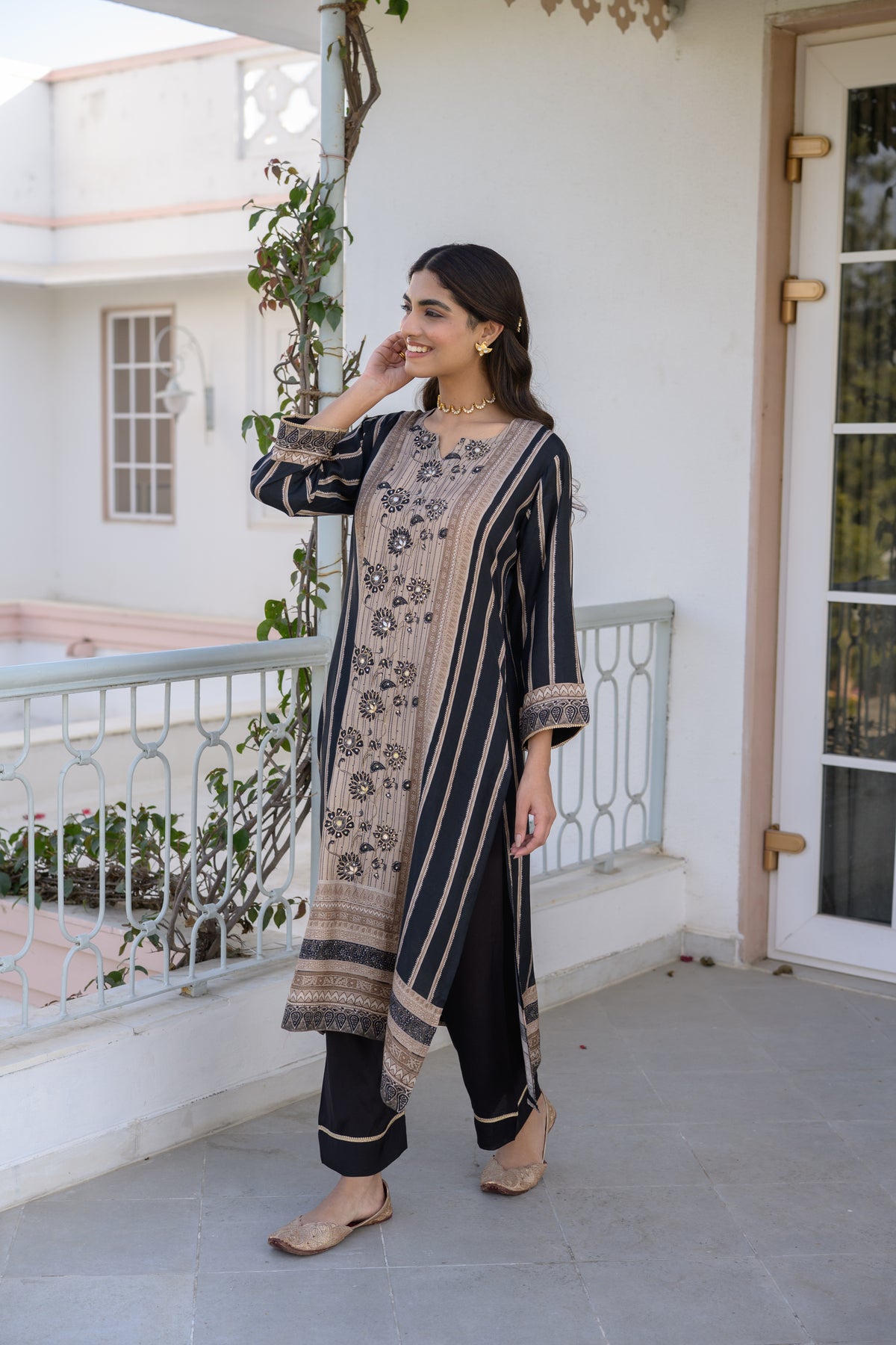 Black and Beige Gota Work Kurta Set