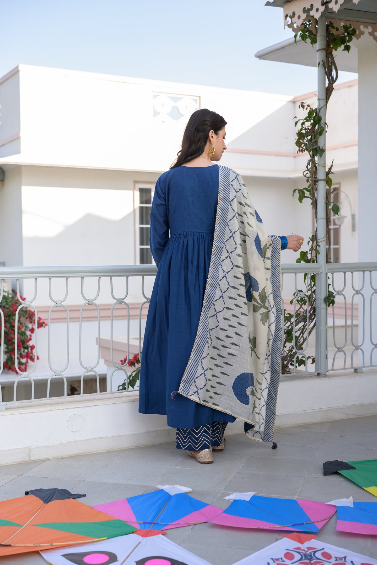 Falaq Naaz in  Blue Mul Chanderi Alia Cut With Spread Mirror work and Block Print Dupatta Suit Set