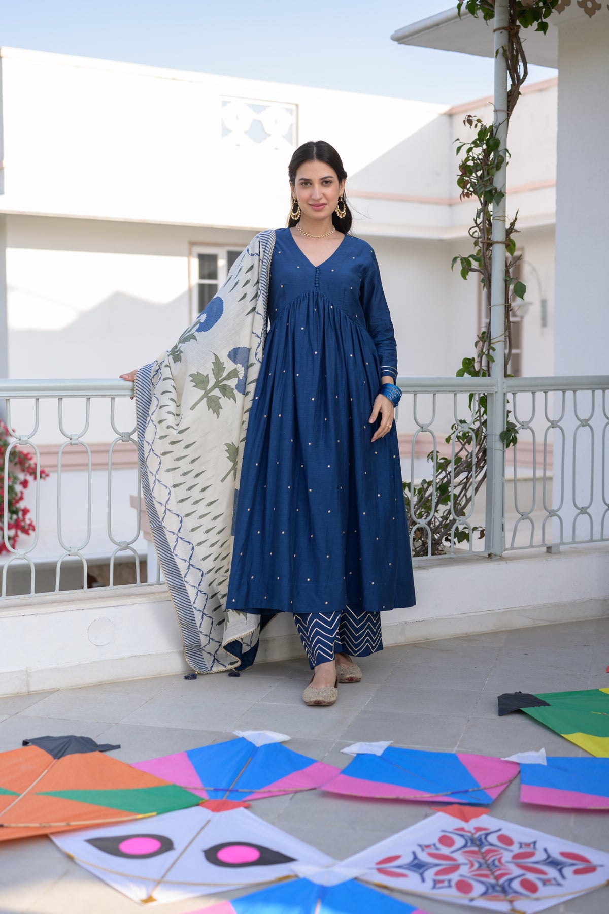 Falaq Naaz in  Blue Mul Chanderi Alia Cut With Spread Mirror work and Block Print Dupatta Suit Set