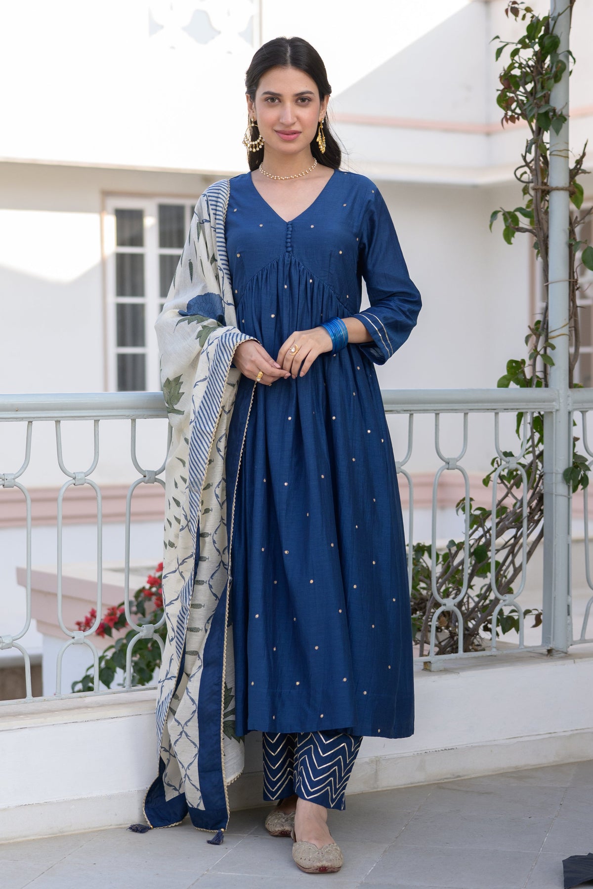 Falaq Naaz in  Blue Mul Chanderi Alia Cut With Spread Mirror work and Block Print Dupatta Suit Set