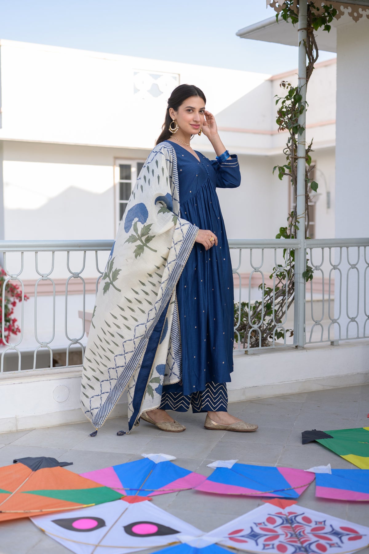 Falaq Naaz in  Blue Mul Chanderi Alia Cut With Spread Mirror work and Block Print Dupatta Suit Set