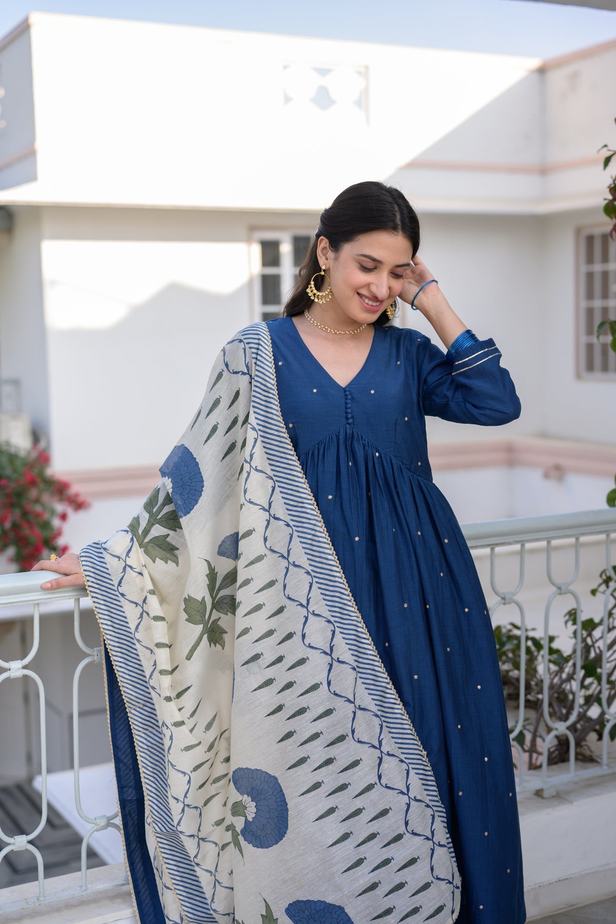 Falaq Naaz in  Blue Mul Chanderi Alia Cut With Spread Mirror work and Block Print Dupatta Suit Set