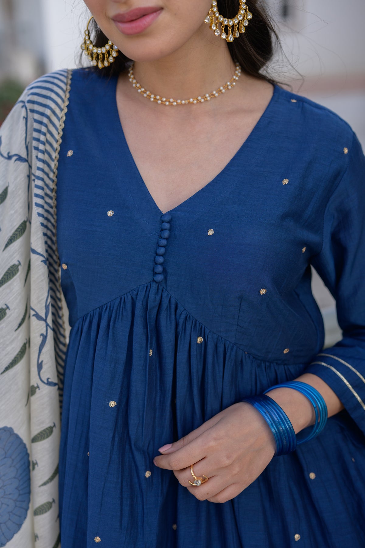 Falaq Naaz in  Blue Mul Chanderi Alia Cut With Spread Mirror work and Block Print Dupatta Suit Set