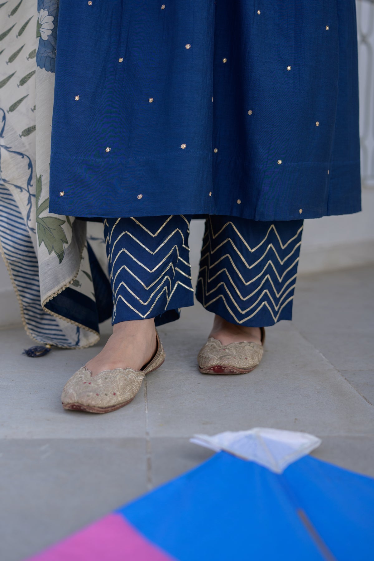 Falaq Naaz in  Blue Mul Chanderi Alia Cut With Spread Mirror work and Block Print Dupatta Suit Set