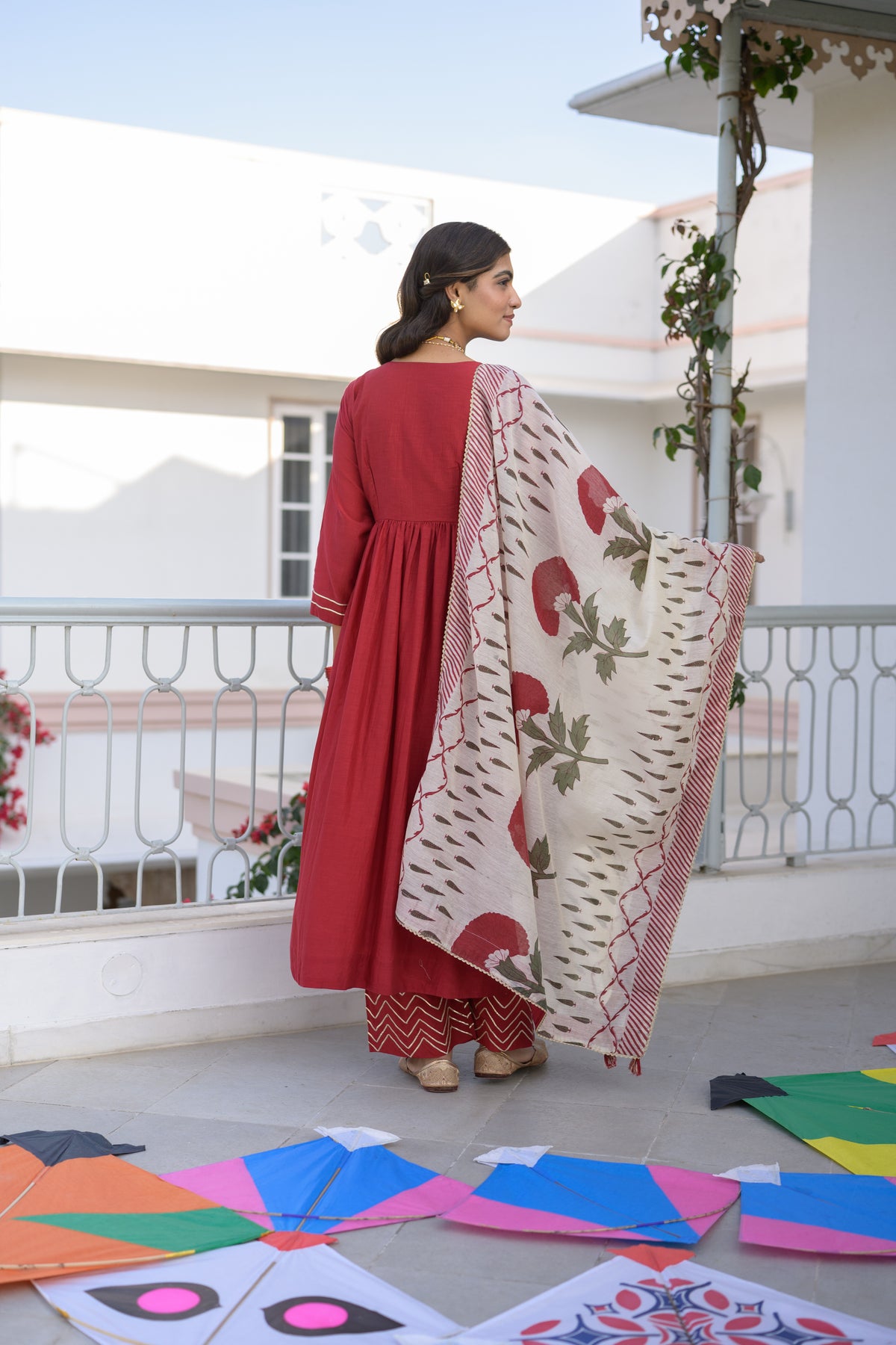 Deep Red Mul Chanderi Alia Cut With Spread Mirror work and Block Print Dupatta Suit Set