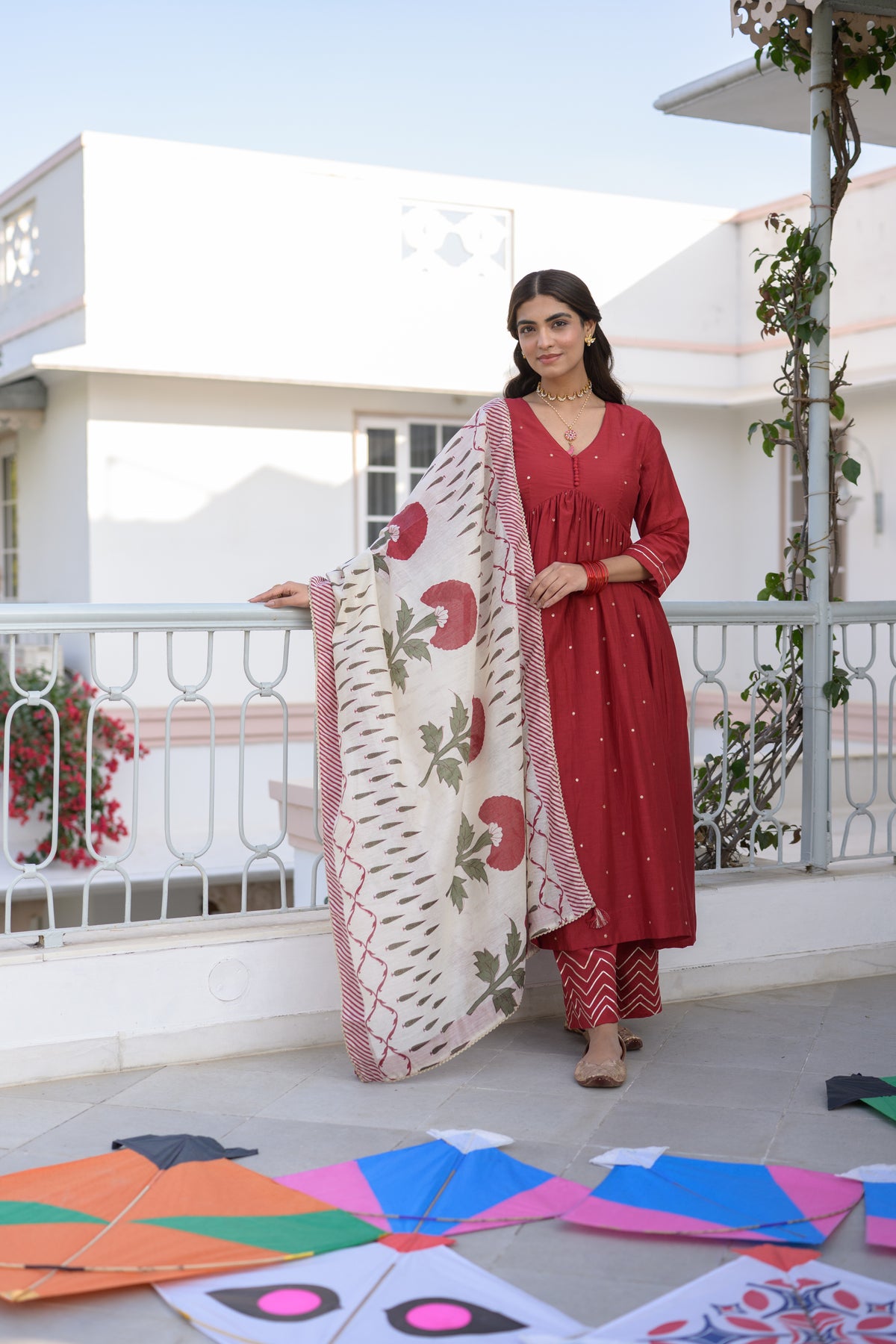 Deep Red Mul Chanderi Alia Cut With Spread Mirror work and Block Print Dupatta Suit Set