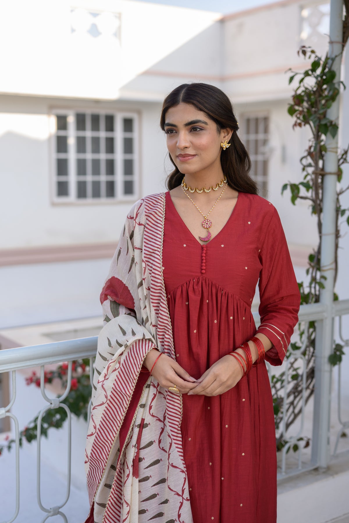 Deep Red Mul Chanderi Alia Cut With Spread Mirror work and Block Print Dupatta Suit Set
