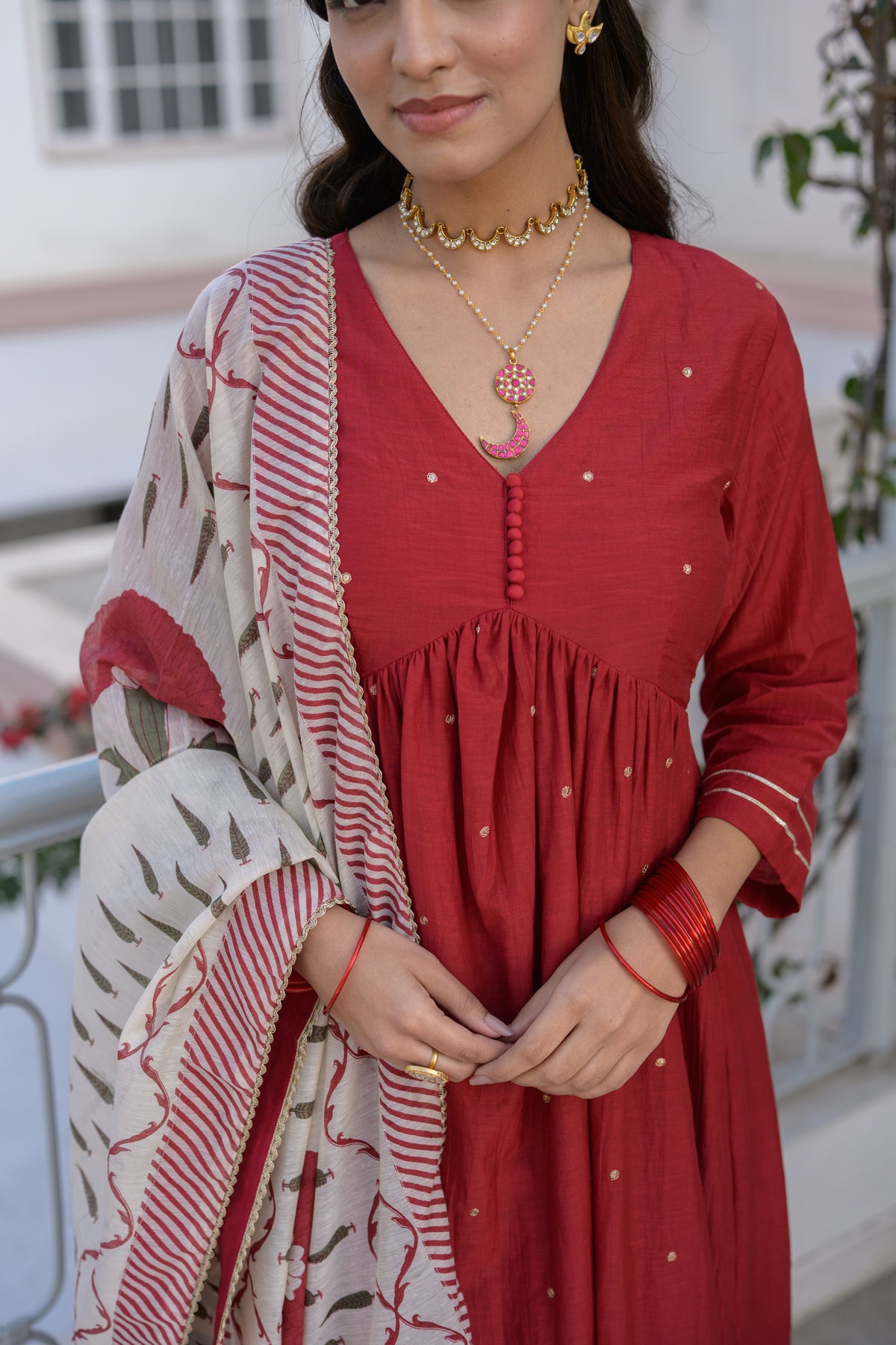 Deep Red Mul Chanderi Alia Cut With Spread Mirror work and Block Print Dupatta Suit Set