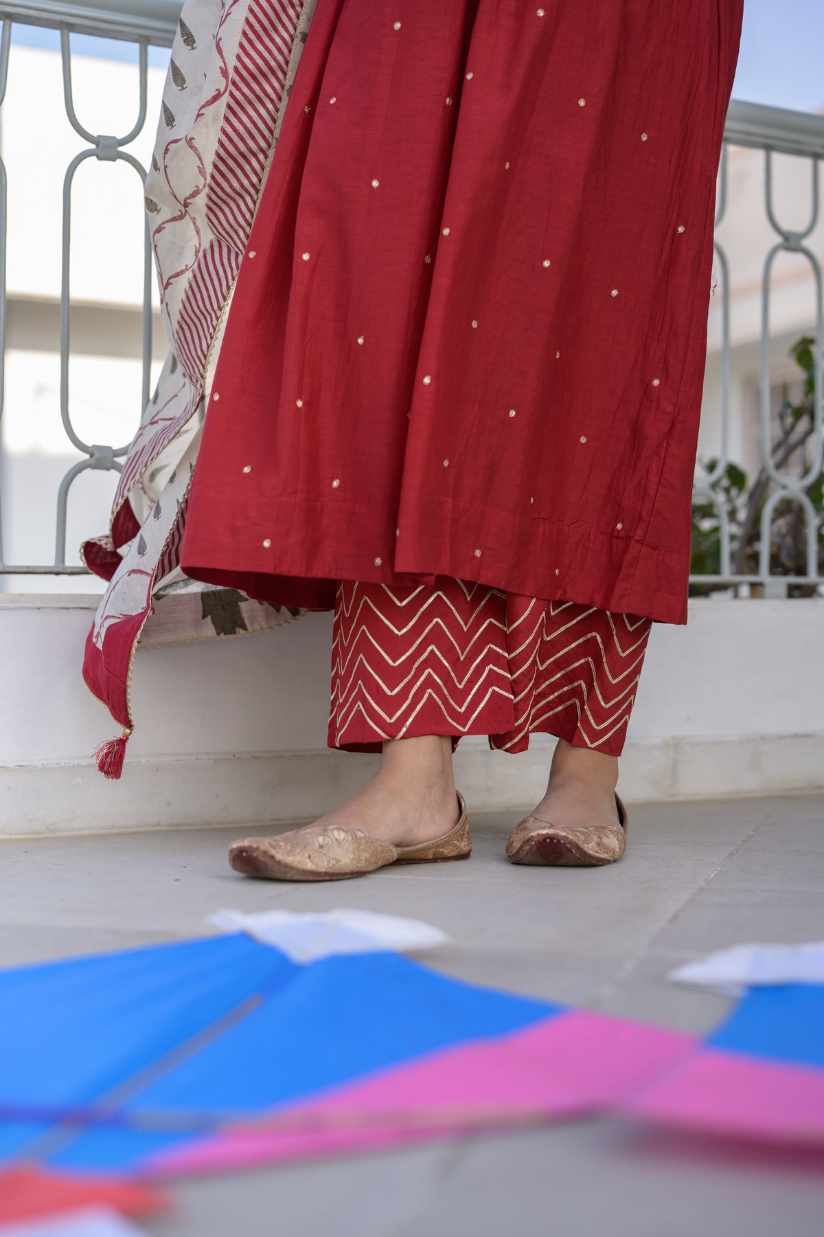 Deep Red Mul Chanderi Alia Cut With Spread Mirror work and Block Print Dupatta Suit Set