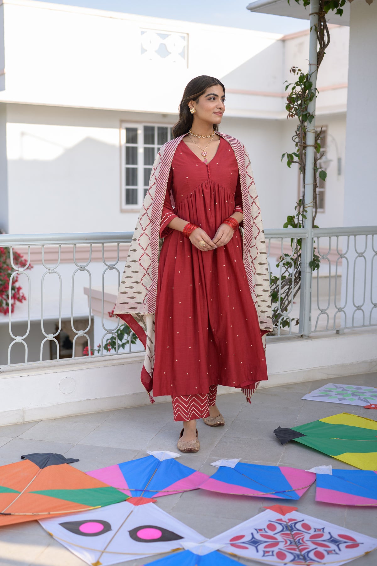 Deep Red Mul Chanderi Alia Cut With Spread Mirror work and Block Print Dupatta Suit Set