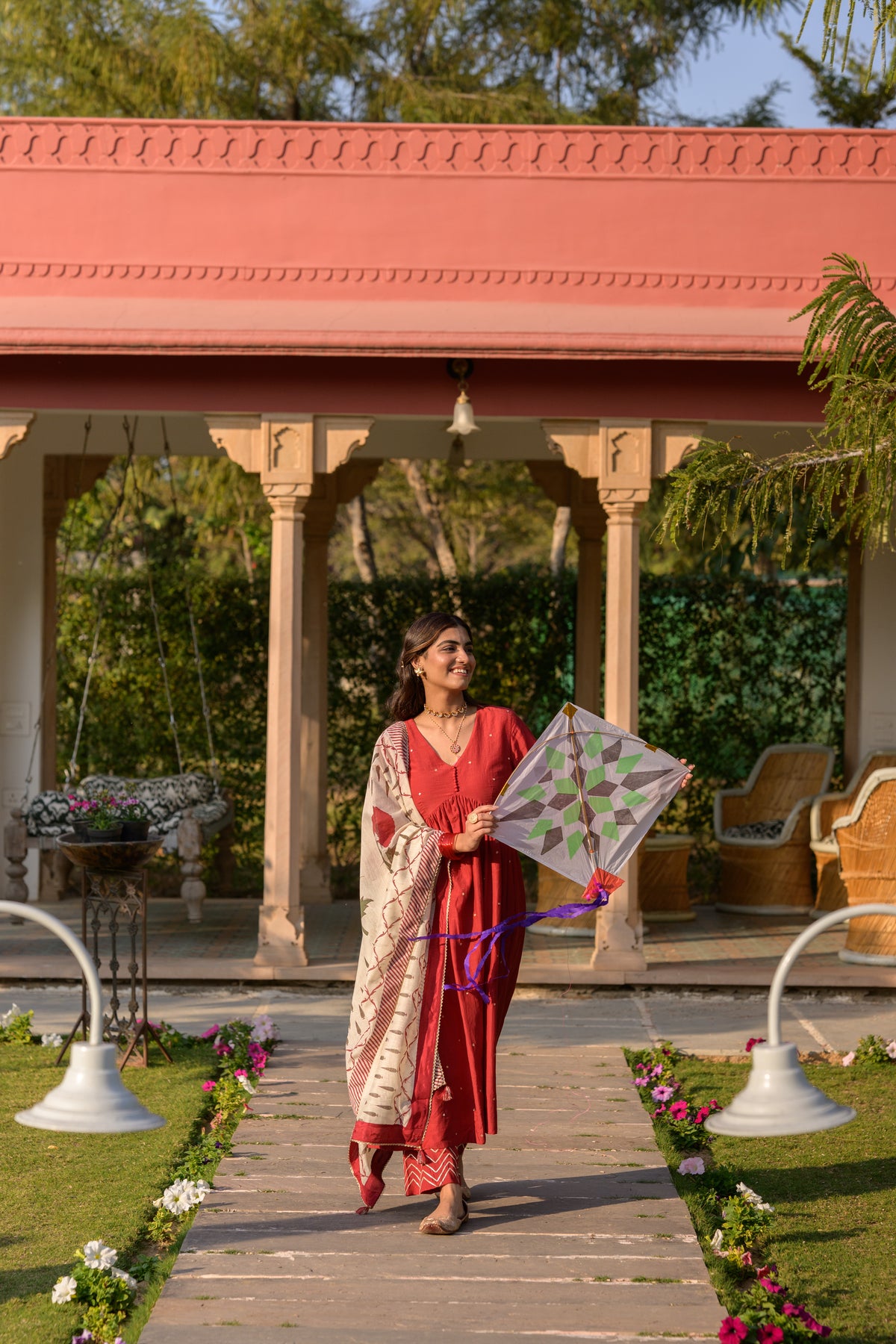 Deep Red Mul Chanderi Alia Cut With Spread Mirror work and Block Print Dupatta Suit Set