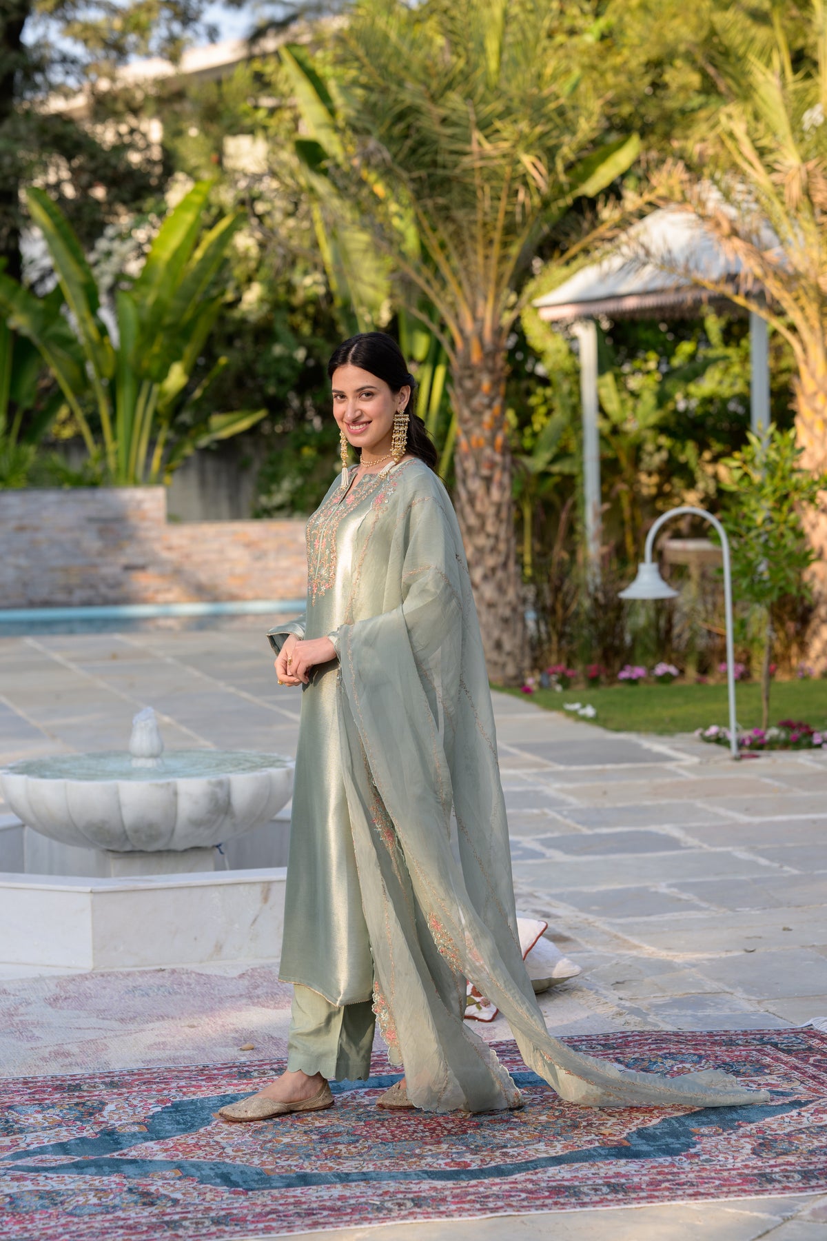 Sage Green Thread Embroidery with cut work and scallop embroidered border Suit Set