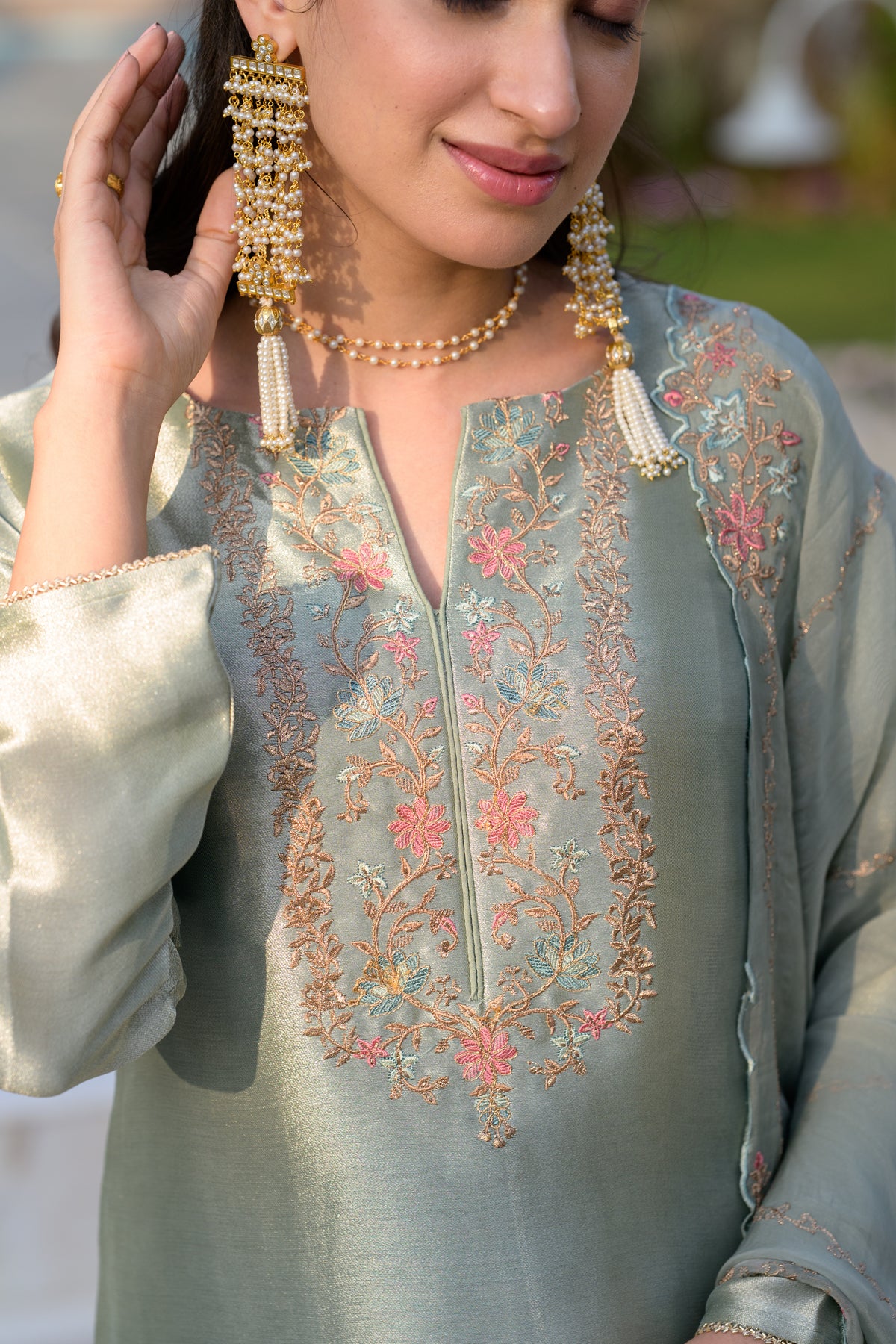 Sage Green Thread Embroidery with cut work and scallop embroidered border Suit Set