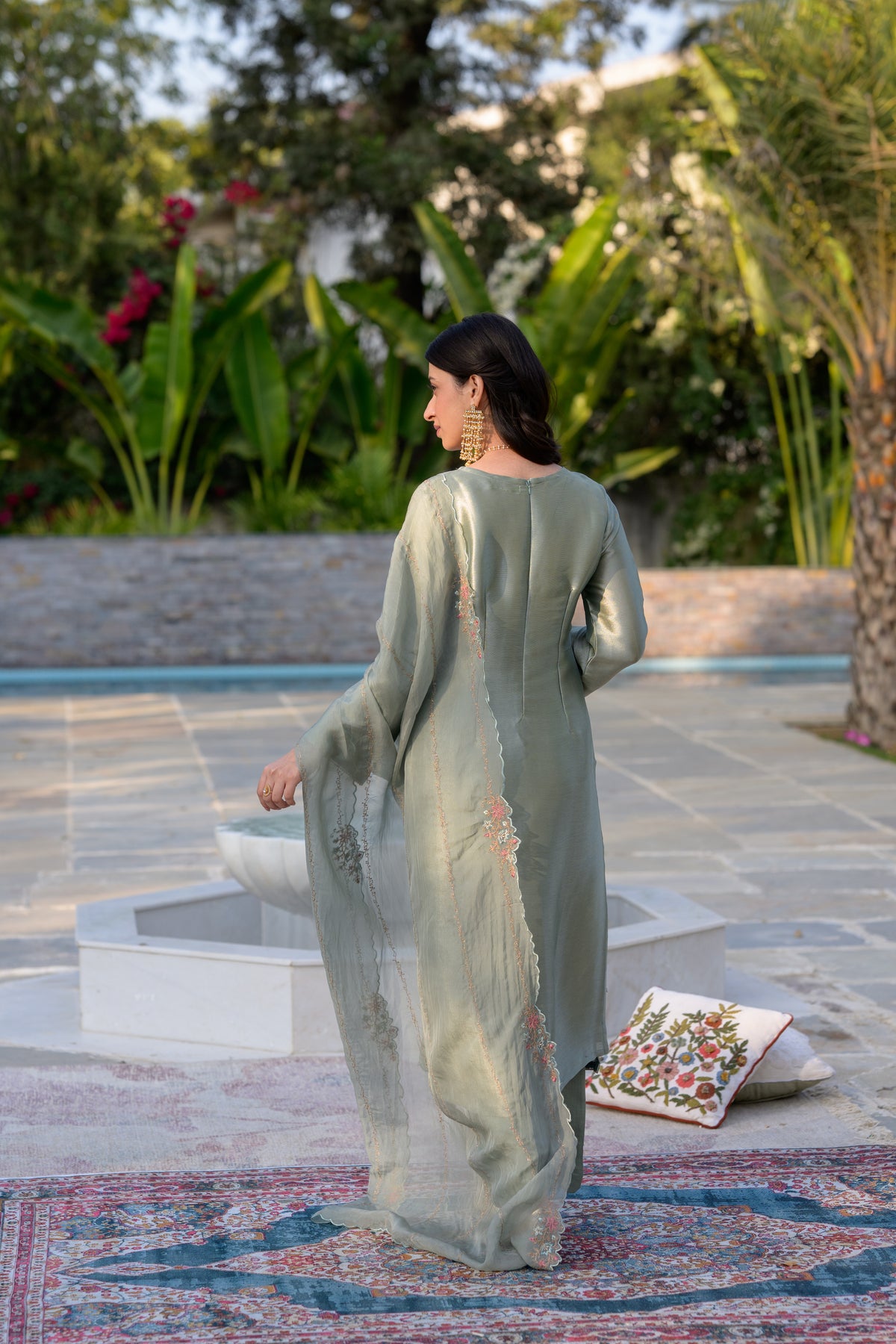 Sage Green Thread Embroidery with cut work and scallop embroidered border Suit Set