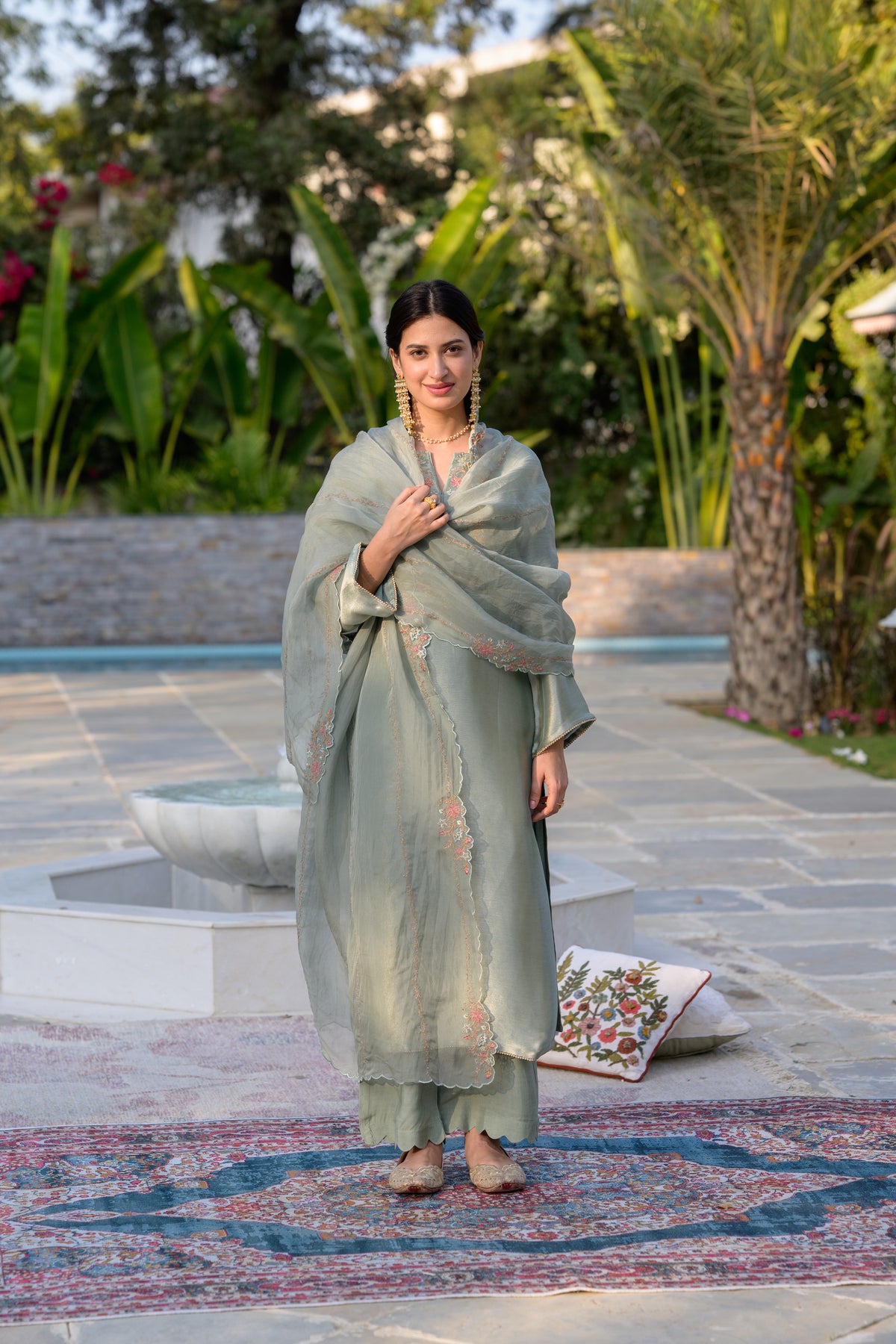 Sage Green Thread Embroidery with cut work and scallop embroidered border Suit Set