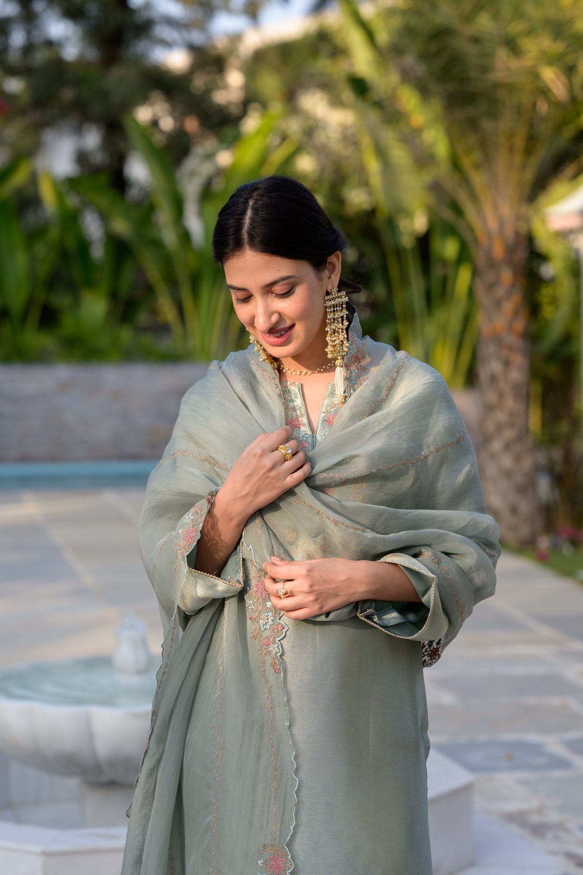 Sage Green Thread Embroidery with cut work and scallop embroidered border Suit Set