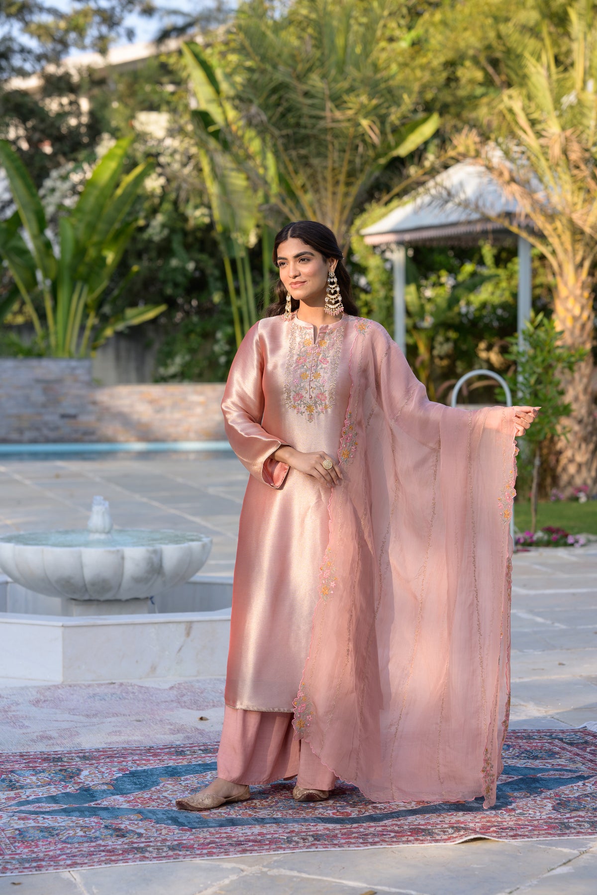 Golden Rose Pastel Pink Thread Embroidery with cut work and scallop embroidered border Suit Set