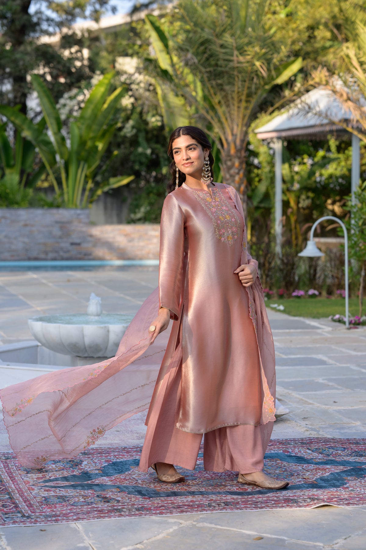 Golden Rose Pastel Pink Thread Embroidery with cut work and scallop embroidered border Suit Set