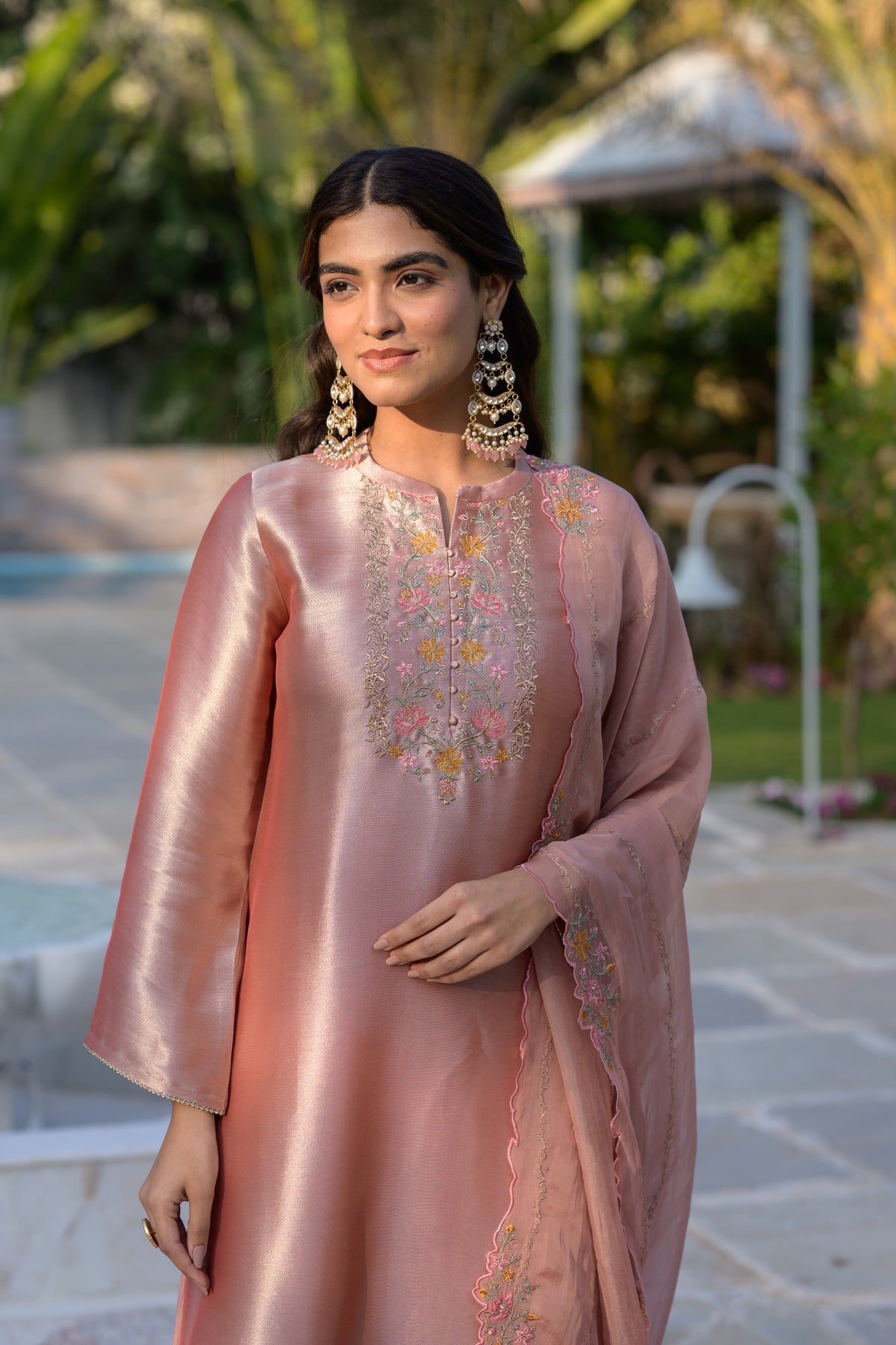 Golden Rose Pastel Pink Thread Embroidery with cut work and scallop embroidered border Suit Set