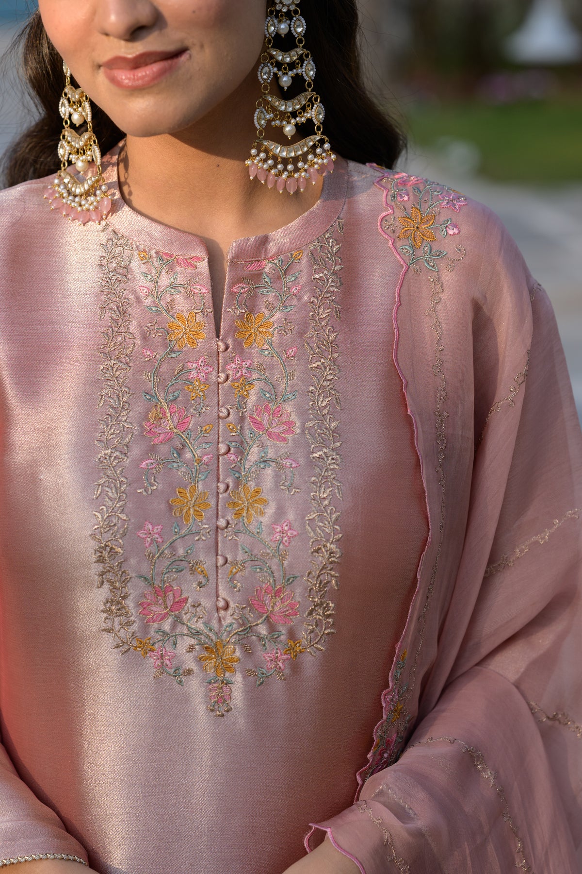 Golden Rose Pastel Pink Thread Embroidery with cut work and scallop embroidered border Suit Set