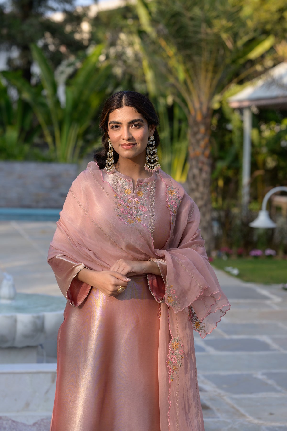 Golden Rose Pastel Pink Thread Embroidery with cut work and scallop embroidered border Suit Set