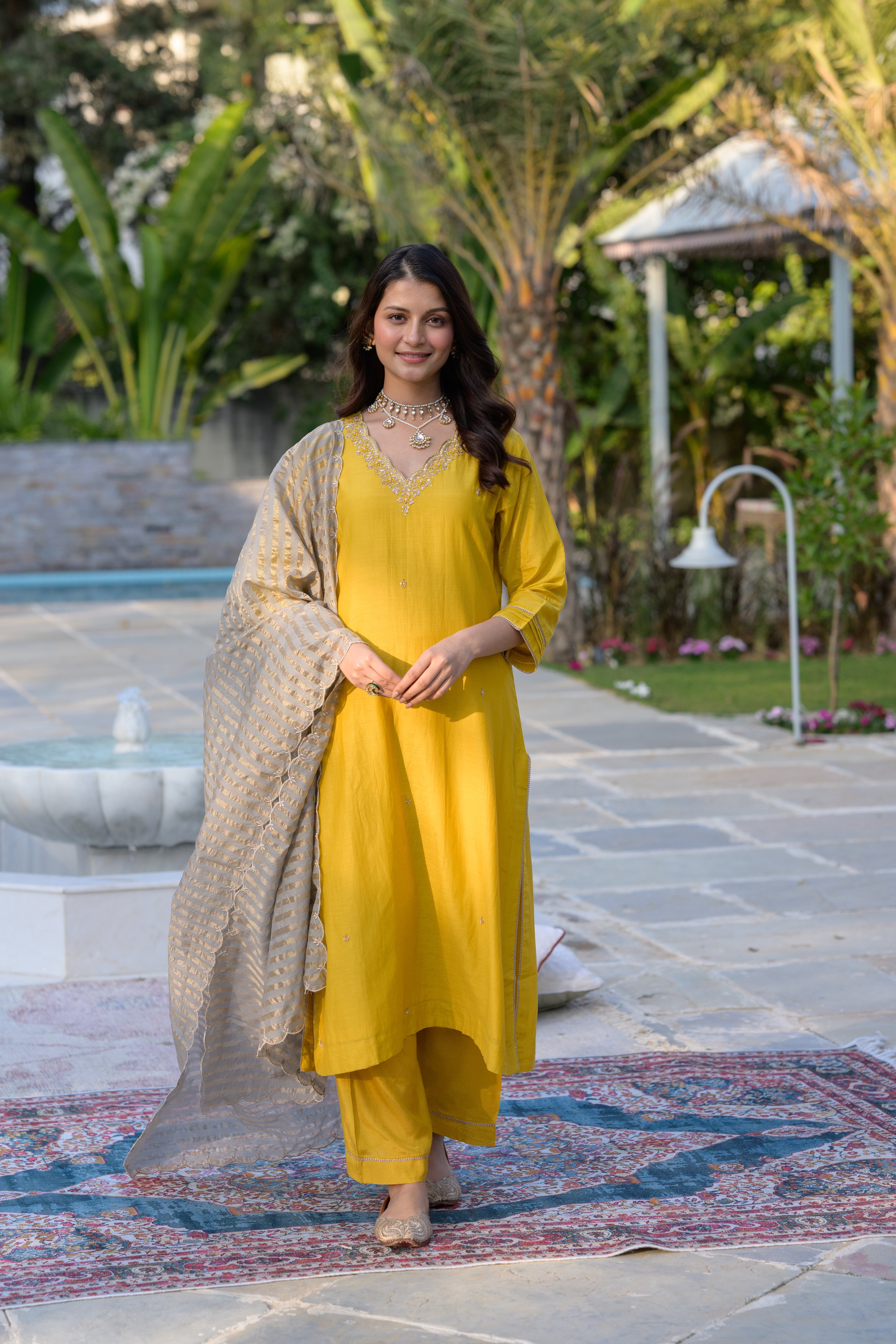 Mustard Mul Chanderi Kurta with dabka work and lurex Zari Dupatta