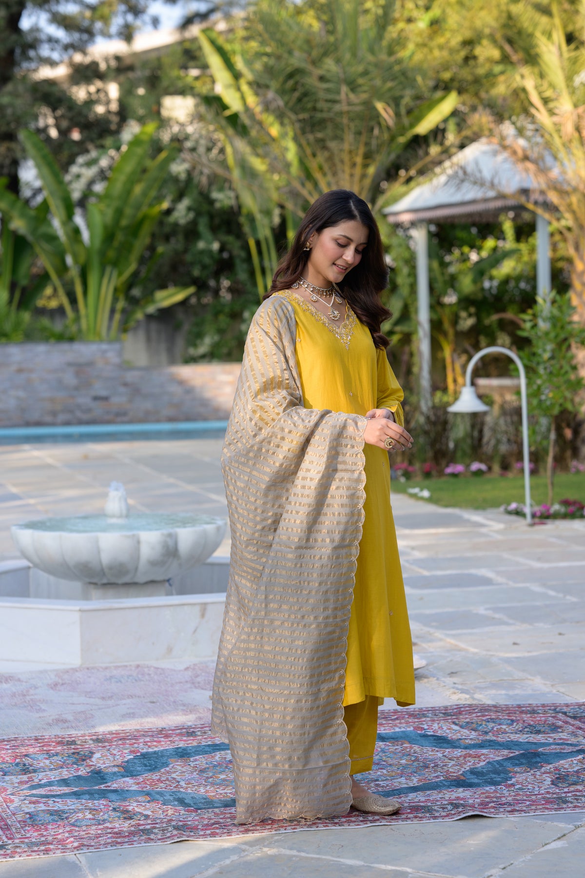 Mustard Mul Chanderi Kurta with dabka work and lurex Zari Dupatta