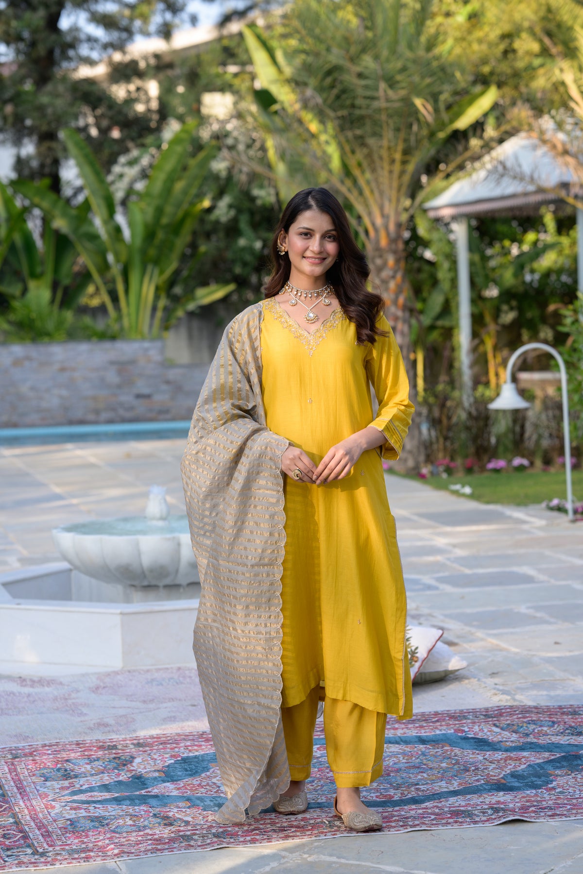 Mustard Mul Chanderi Kurta with dabka work and lurex Zari Dupatta
