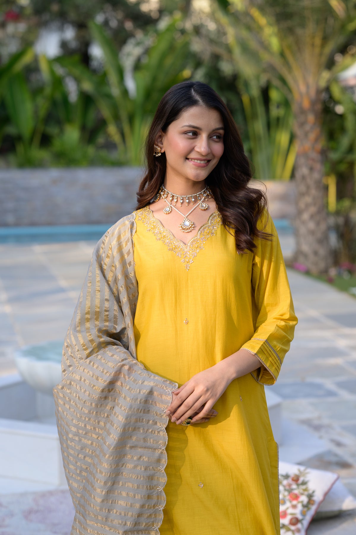 Mustard Mul Chanderi Kurta with dabka work and lurex Zari Dupatta