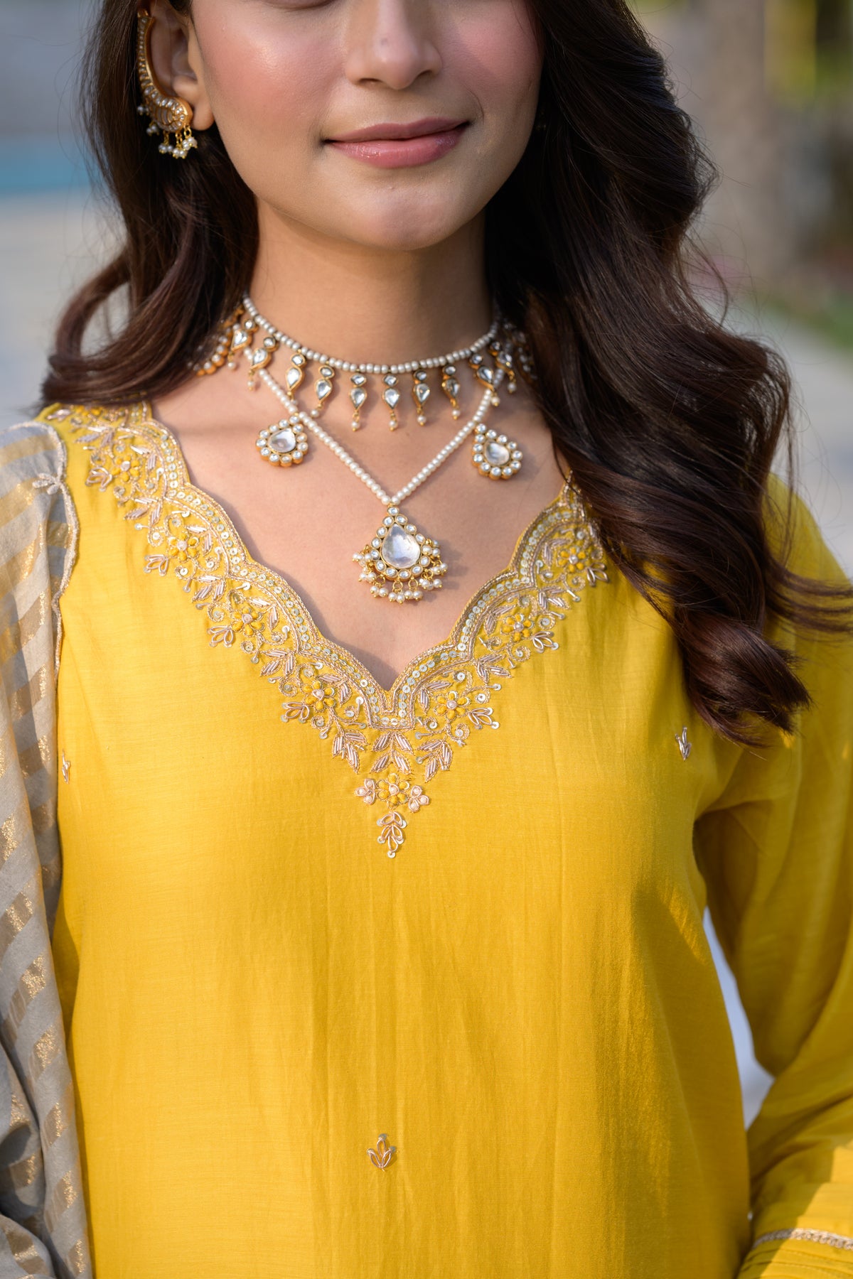 Mustard Mul Chanderi Kurta with dabka work and lurex Zari Dupatta
