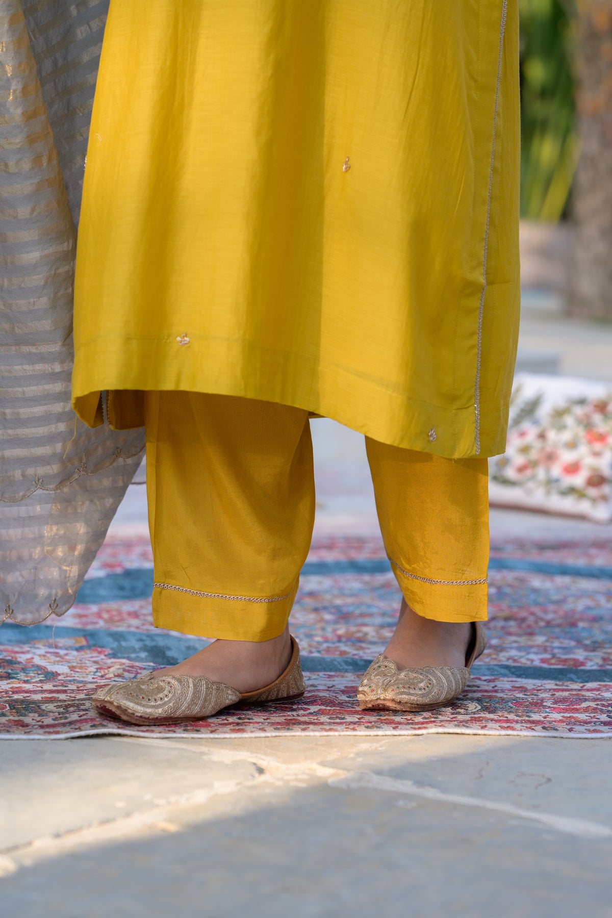 Mustard Mul Chanderi Kurta with dabka work and lurex Zari Dupatta