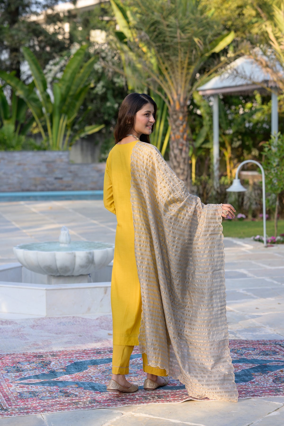 Mustard Mul Chanderi Kurta with dabka work and lurex Zari Dupatta