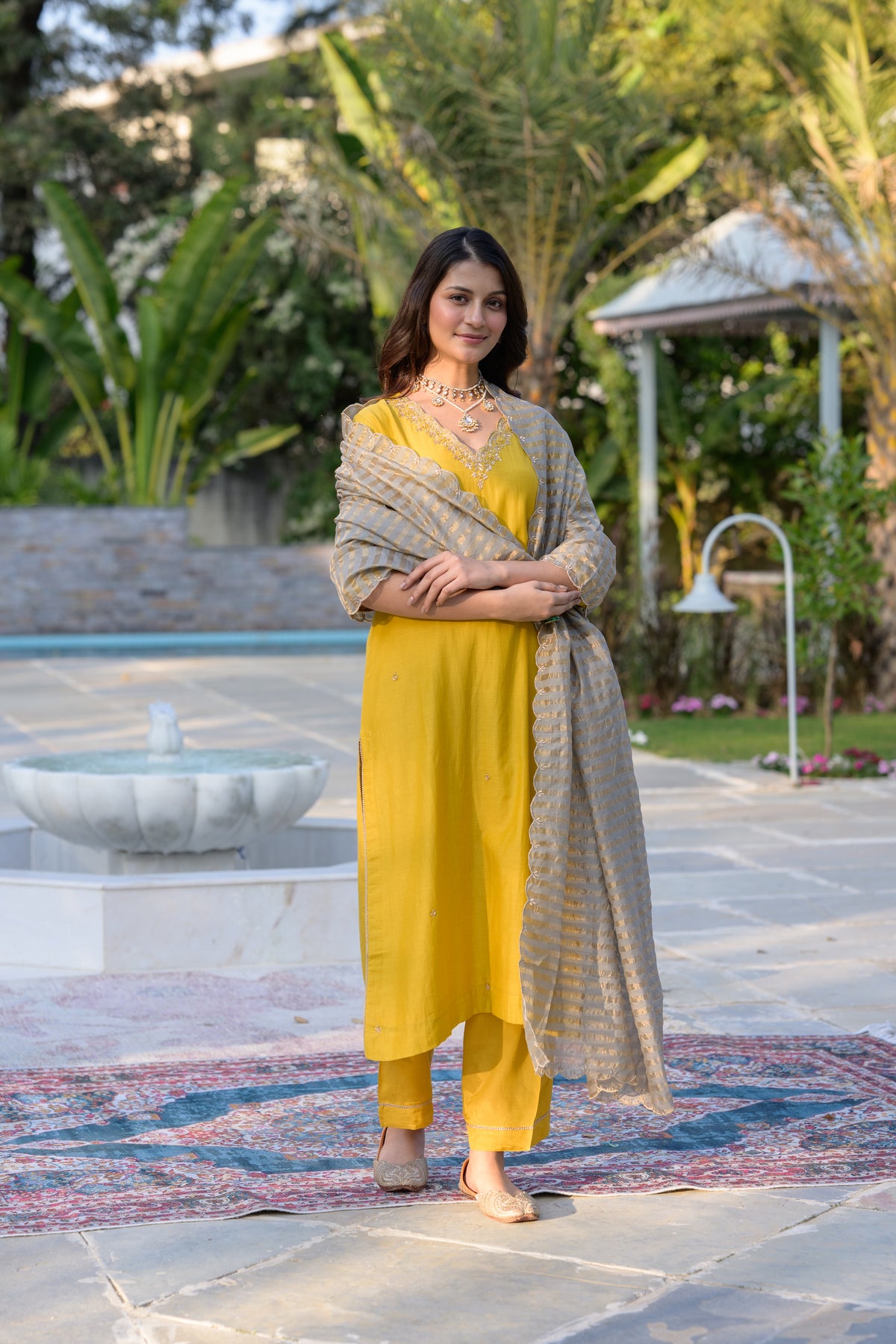 Mustard Mul Chanderi Kurta with dabka work and lurex Zari Dupatta