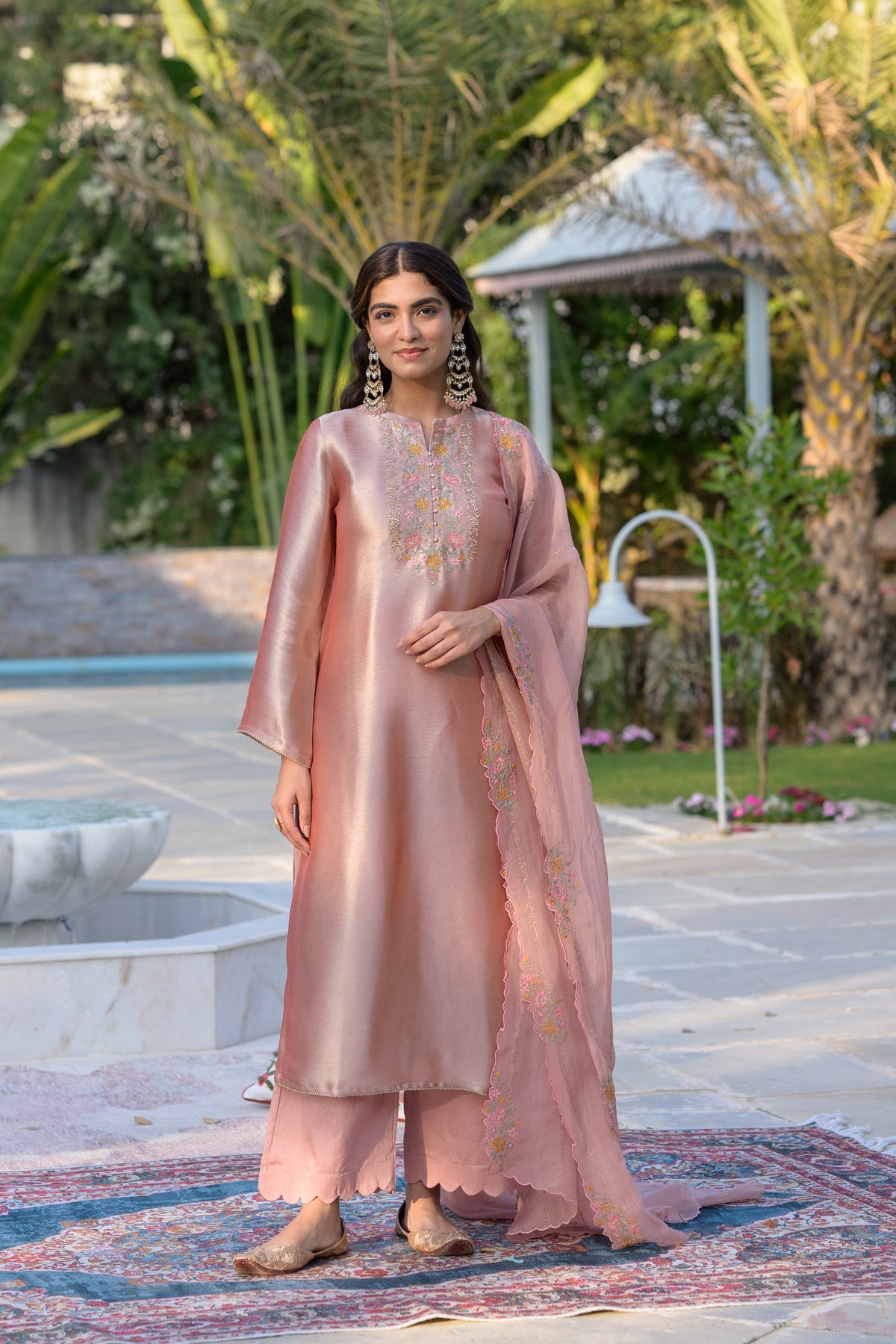 Golden Rose Pastel Pink Thread Embroidery with cut work and scallop embroidered border Suit Set