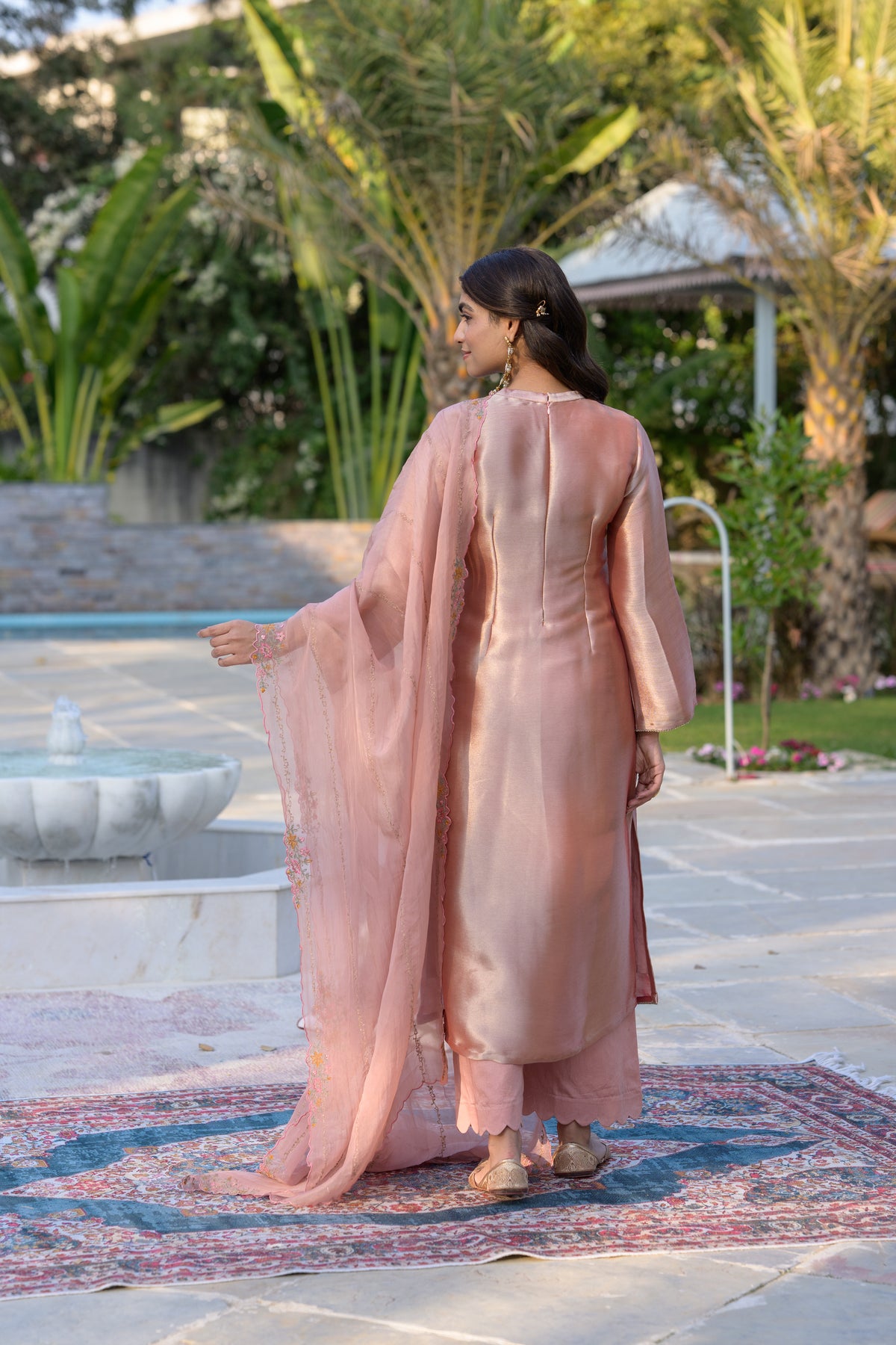 Golden Rose Pastel Pink Thread Embroidery with cut work and scallop embroidered border Suit Set