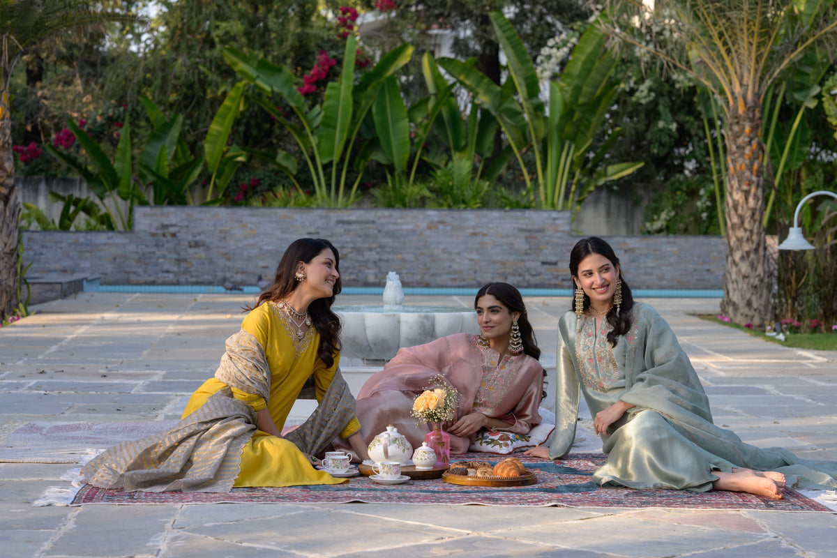 Mustard Mul Chanderi Kurta with dabka work and lurex Zari Dupatta