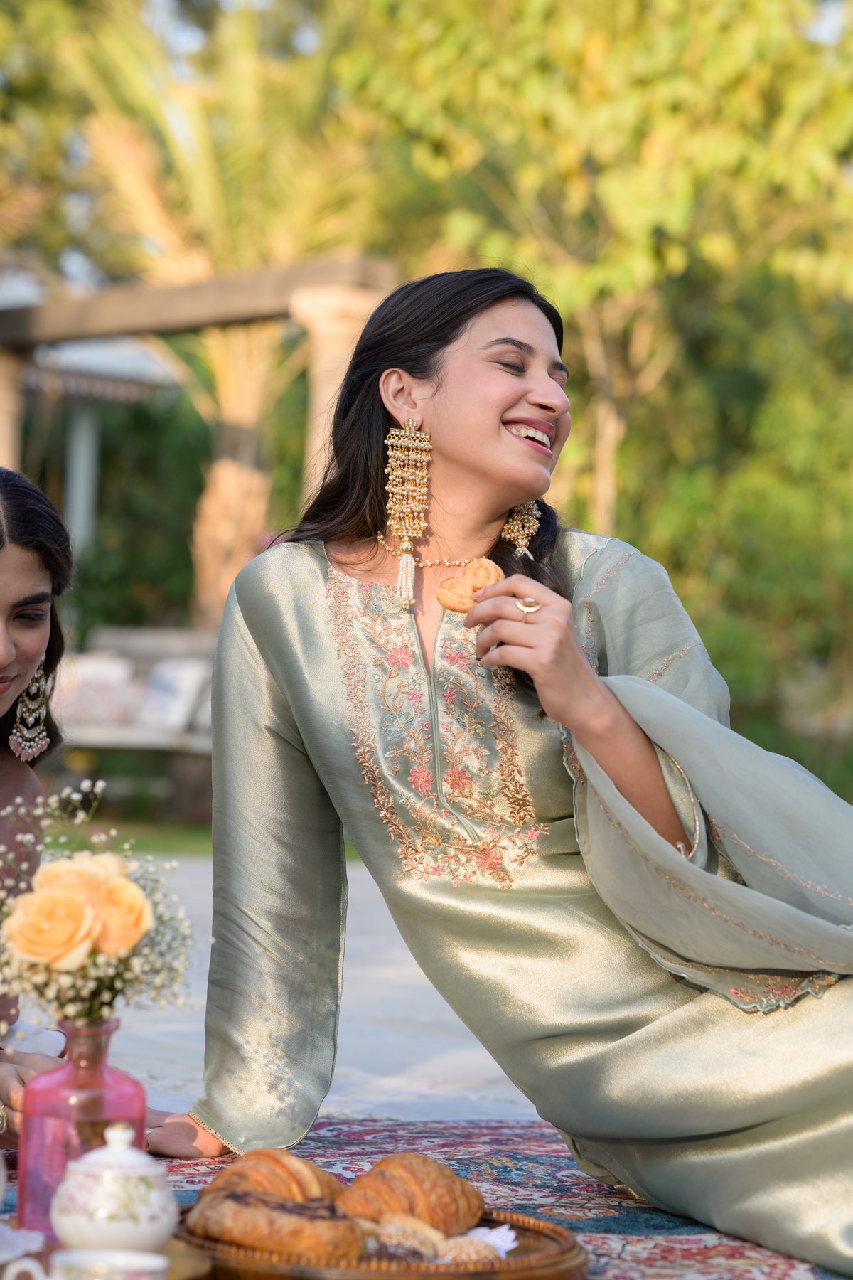 Sage Green Thread Embroidery with cut work and scallop embroidered border Suit Set