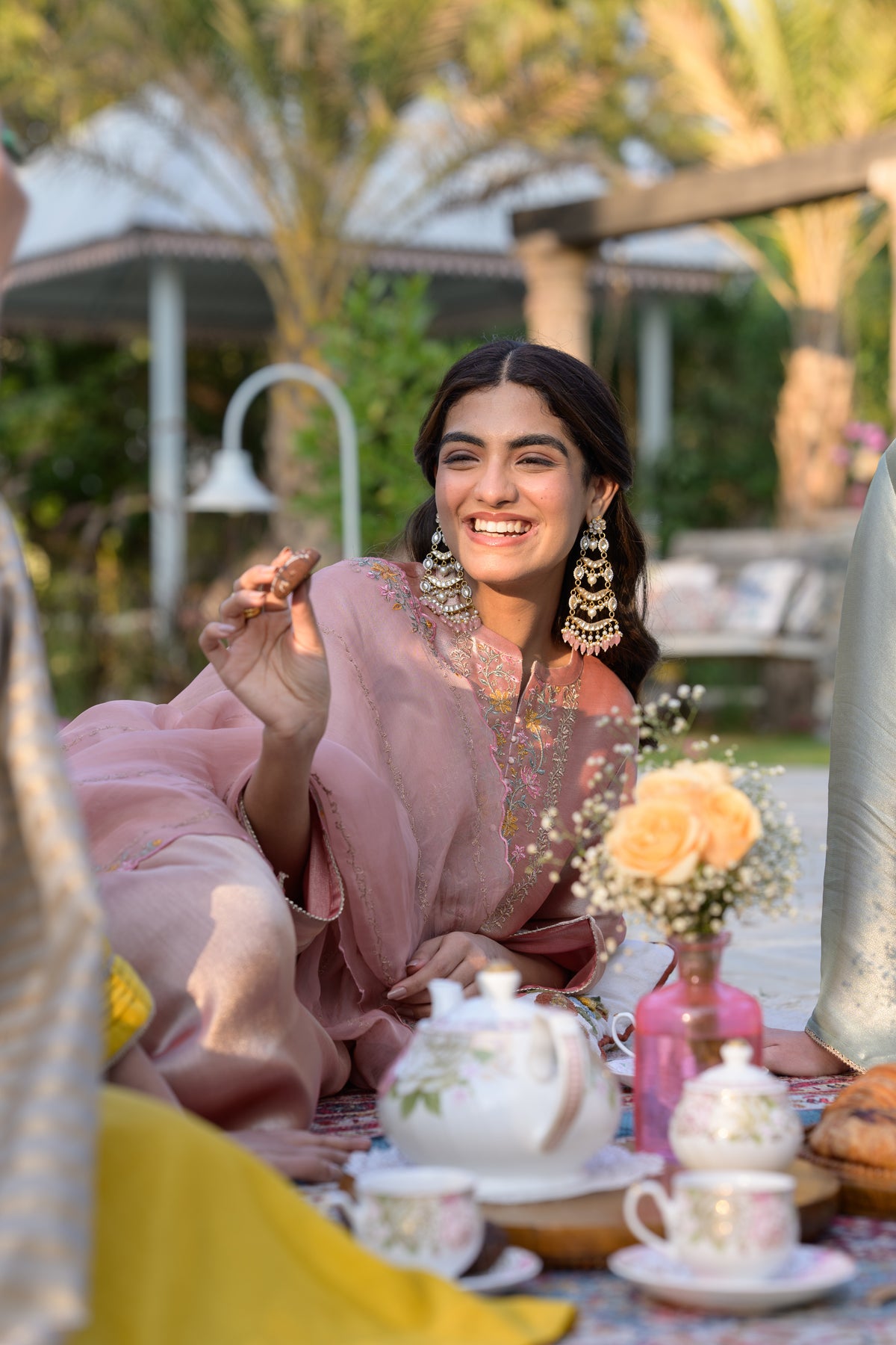 Golden Rose Pastel Pink Thread Embroidery with cut work and scallop embroidered border Suit Set