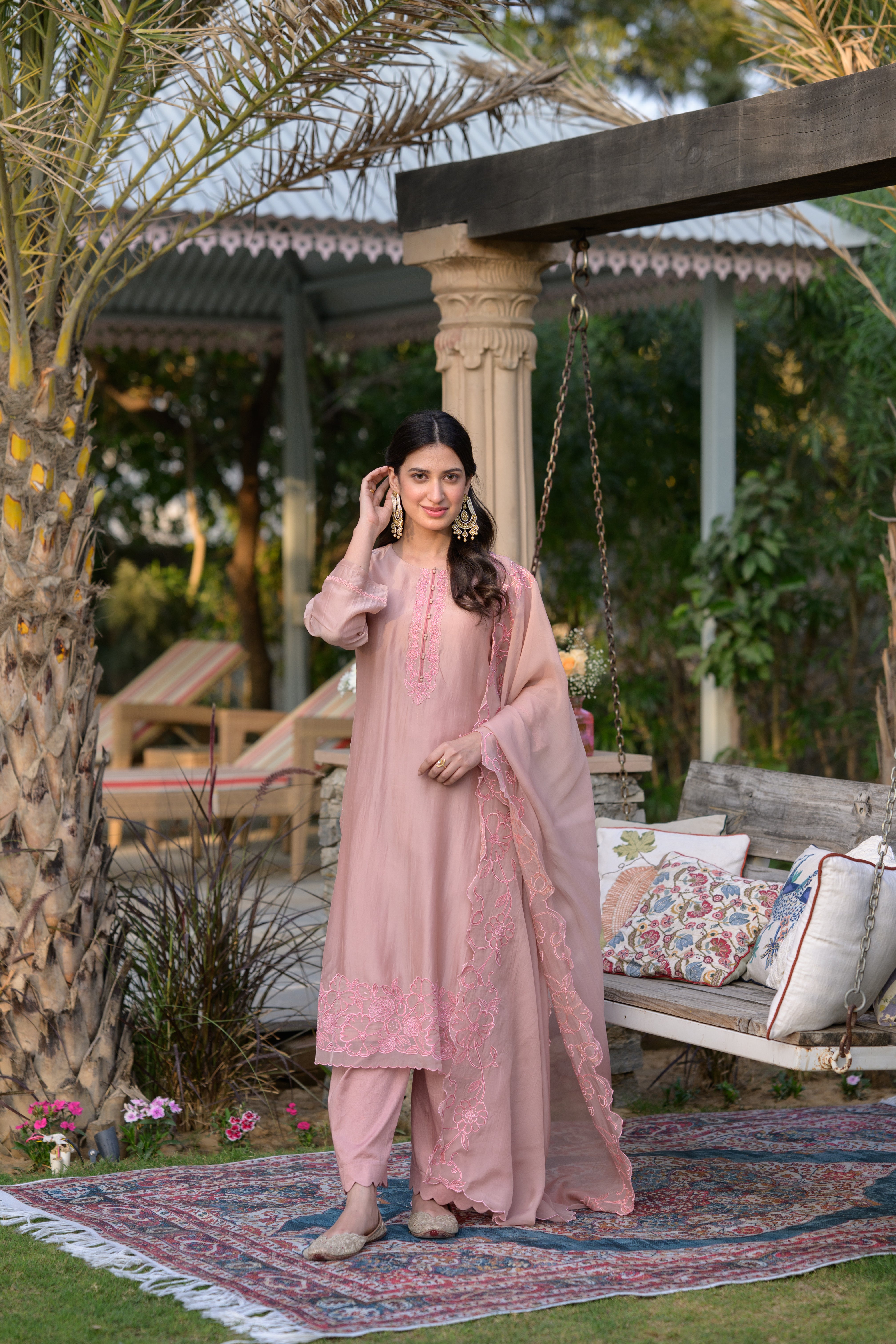 Peach Pink Organza Cut and Scallope Work with Thread Hand Work Embroidered Details