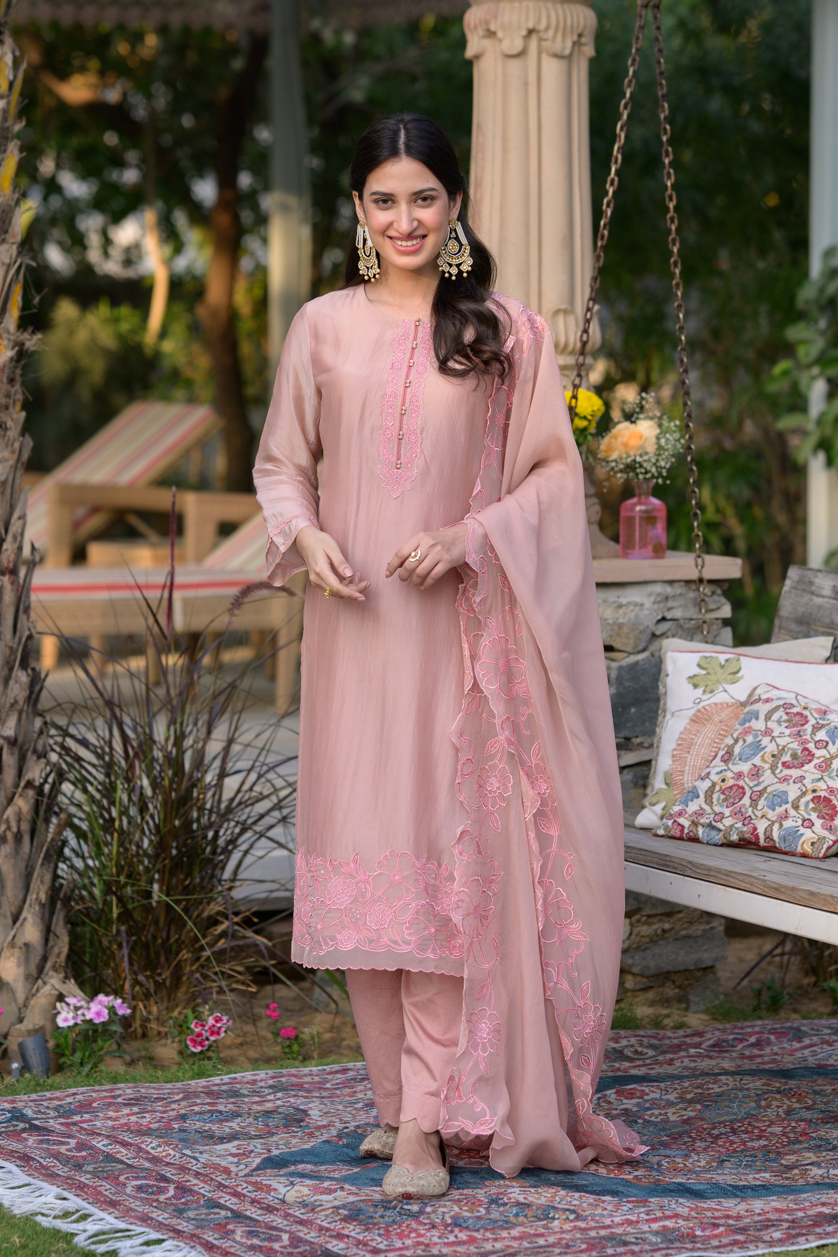 Peach Pink Organza Cut and Scallope Work with Thread Hand Work Embroidered Details